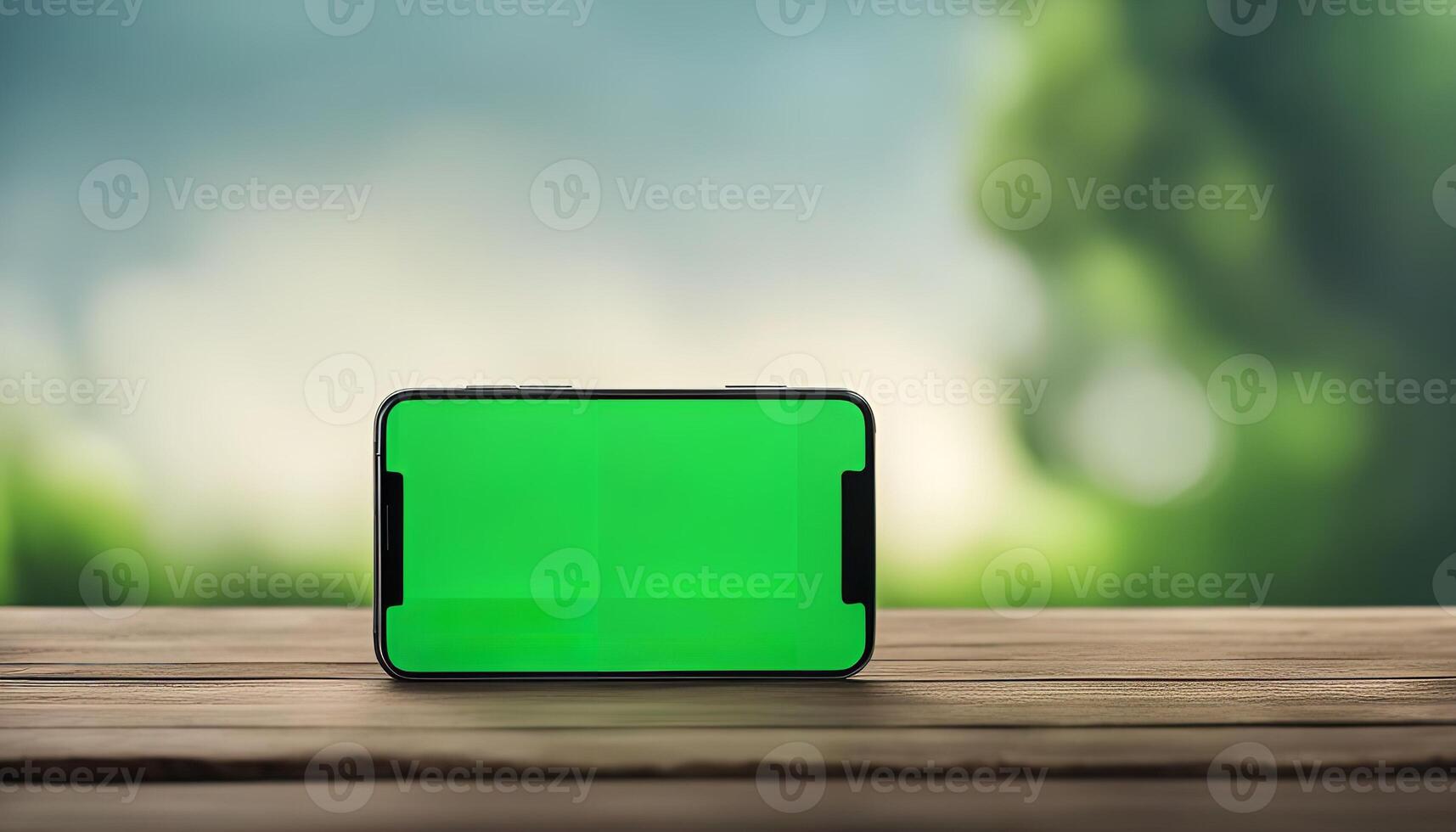 Smartphone with a green screen on a wooden table with nature background photo
