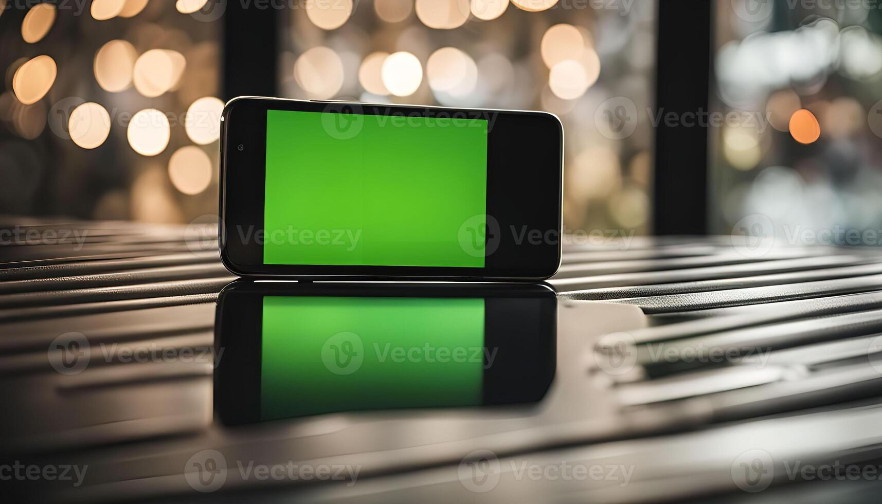 Smartphone with Green Screen on a Table with a Blurred Background photo