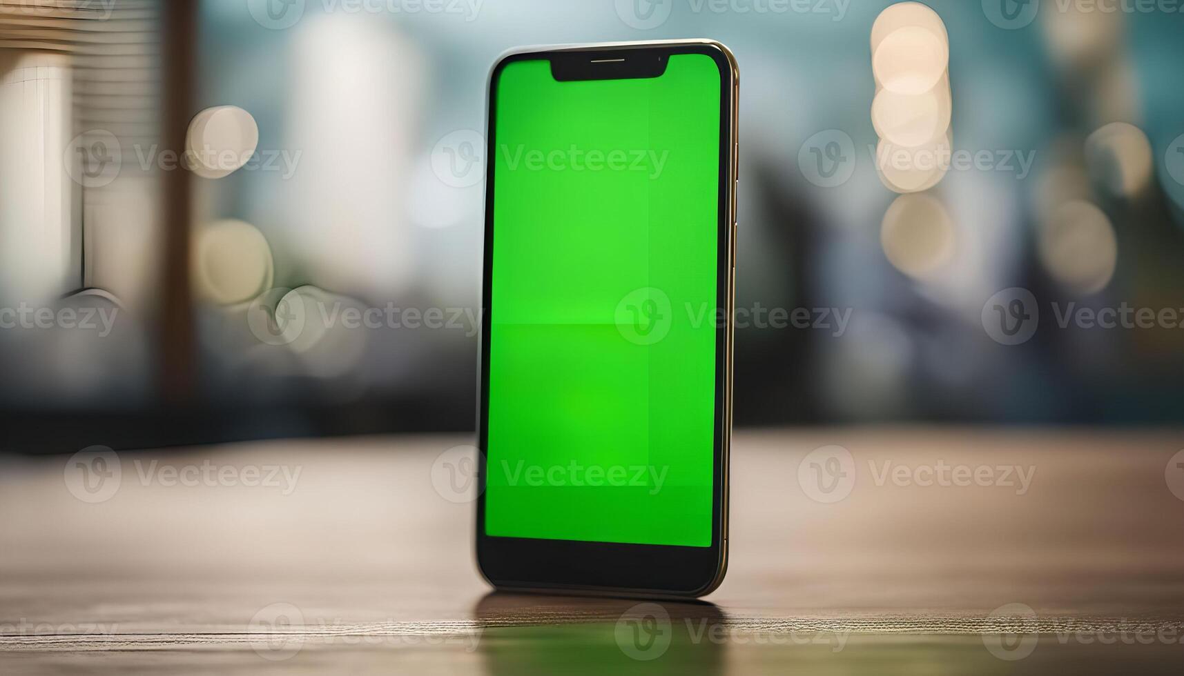 Smartphone on a Table with a Green Screen photo