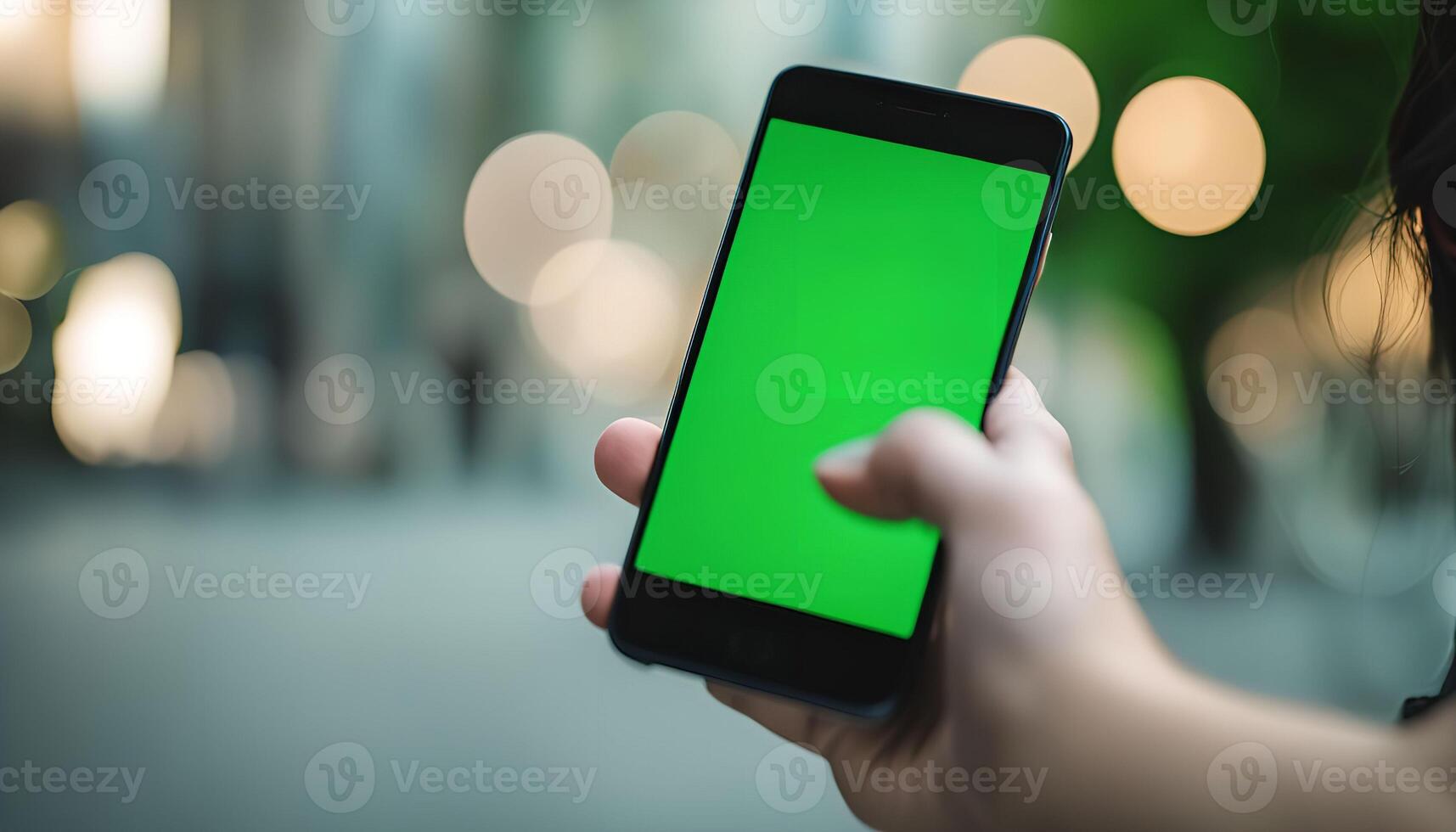Person Using Smartphone with Green Screen in Urban Setting photo