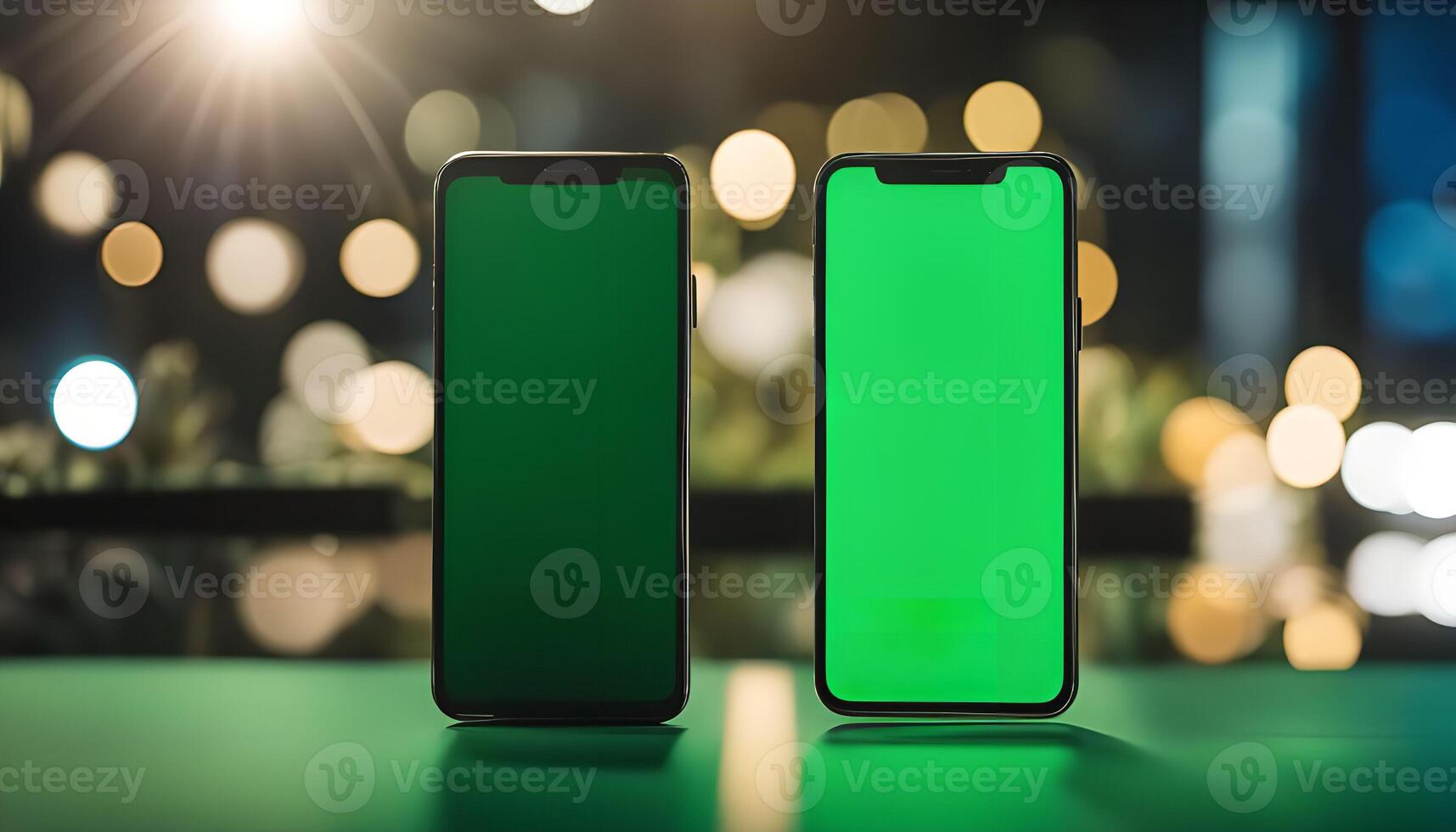 Two Smartphones with Green Screens on a Green Surface with a Bokeh Background photo