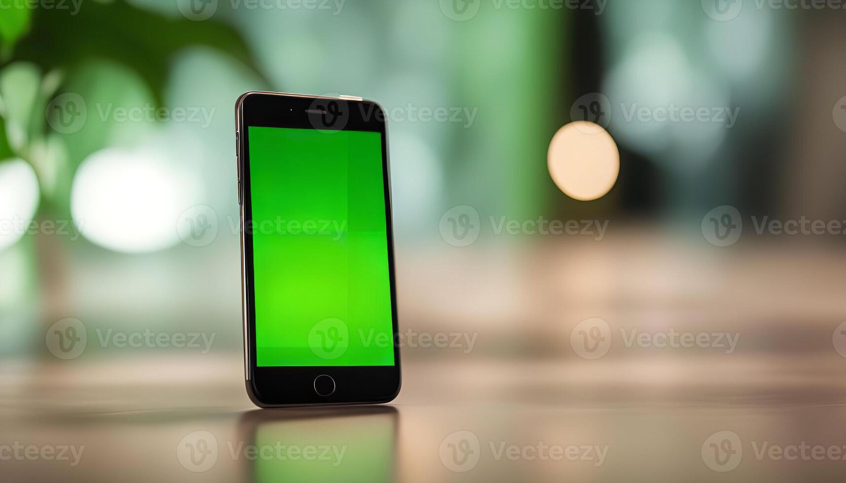 Smartphone on a table with a green screen, ready for your content photo