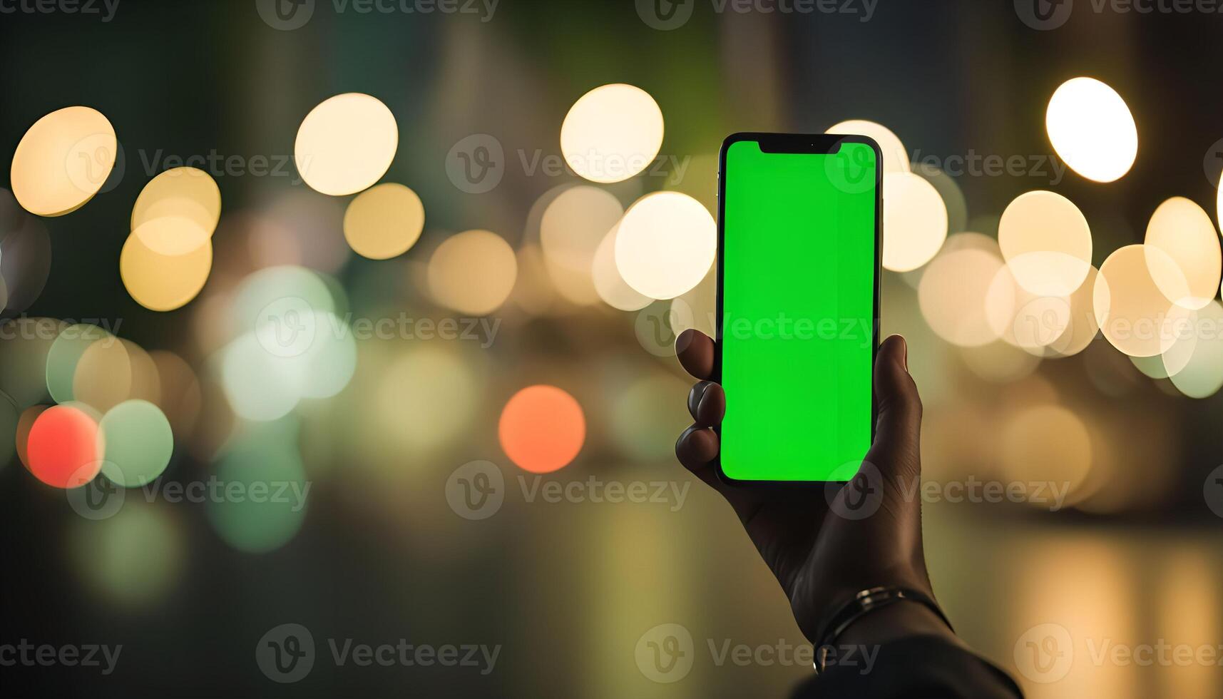Smartphone with Green Screen in Front of Bokeh Lights photo