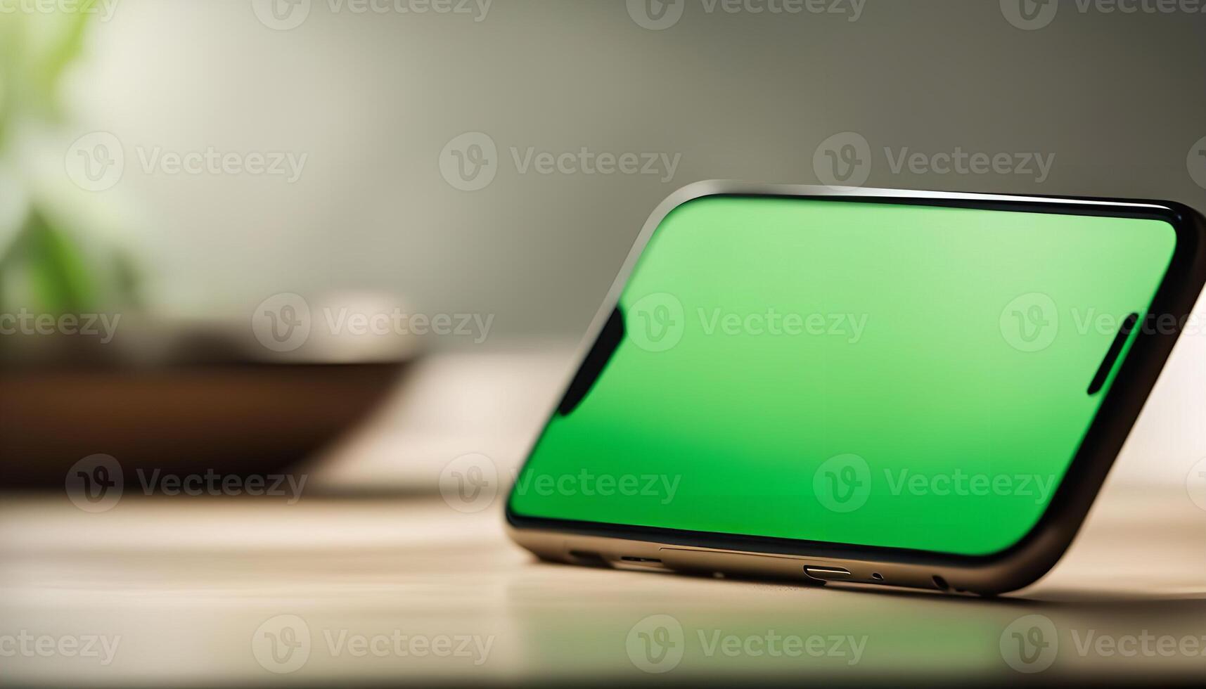 Smartphone with Green Screen on Wooden Table photo