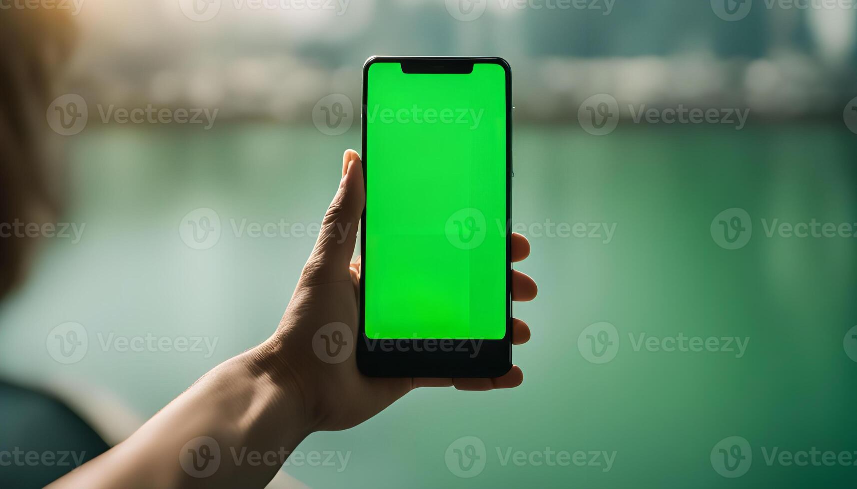 Smartphone with Green Screen in Front of a Water View photo