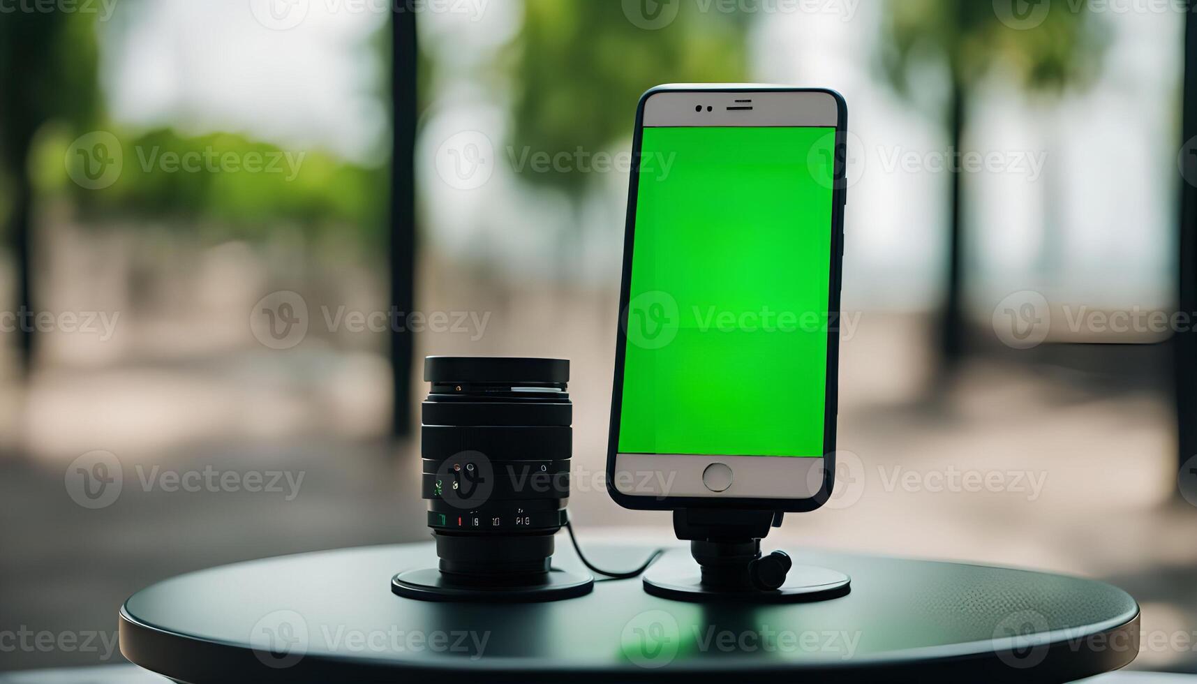 Smartphone with Green Screen and Camera Lens photo
