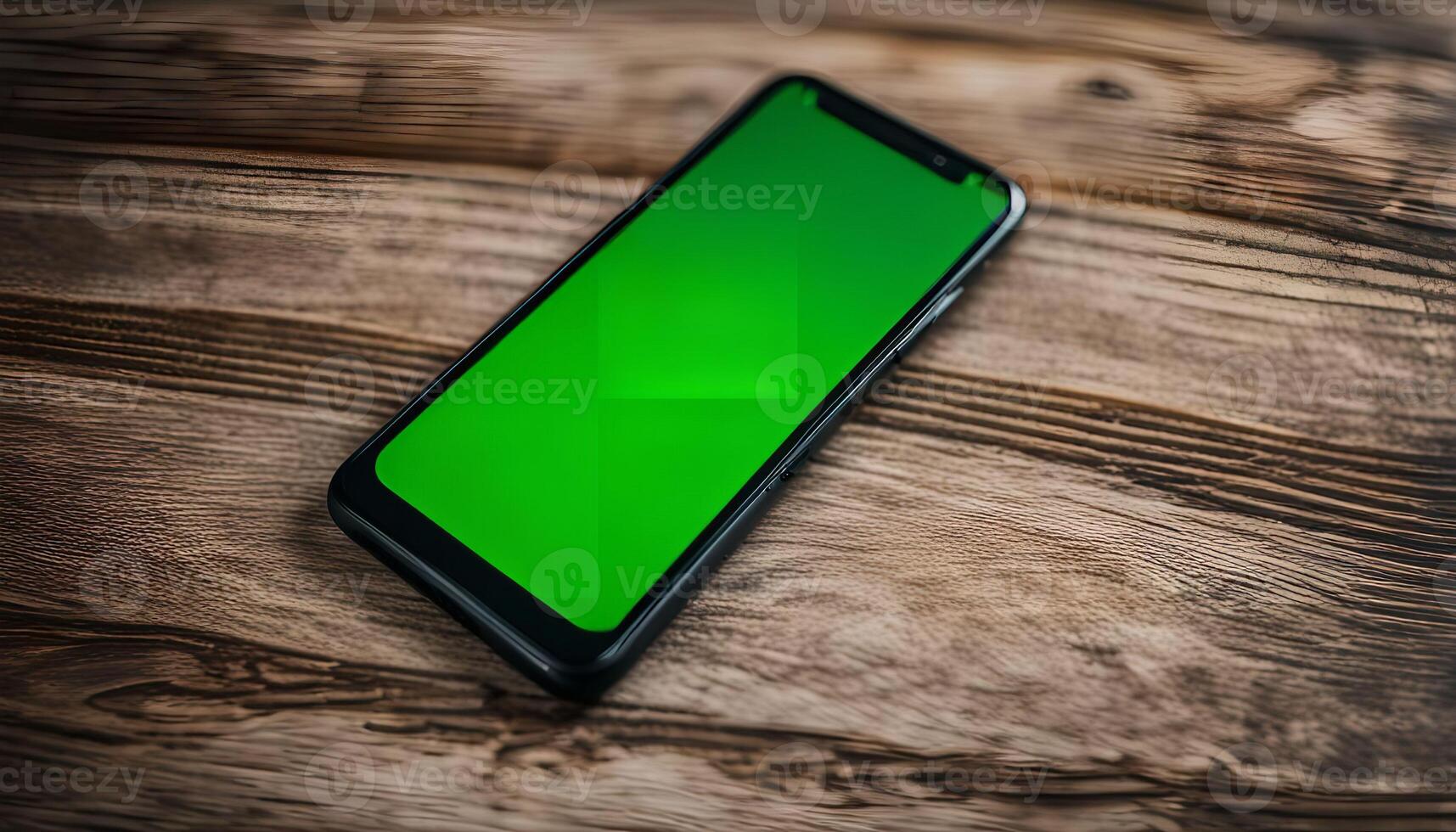 Smartphone with Green Screen on Wooden Surface photo
