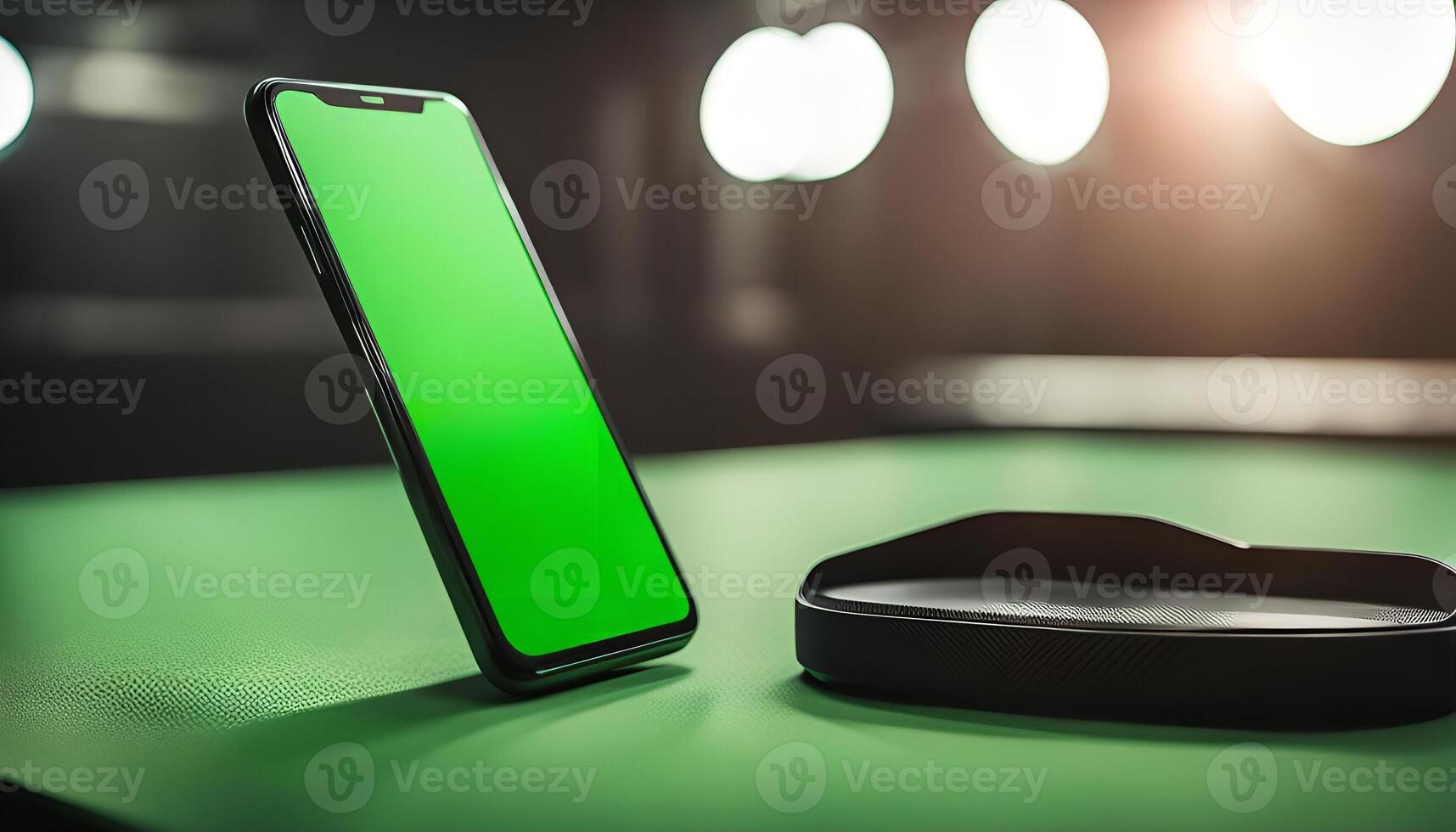 Green Screen Smartphone and Black Case on a Green Surface photo
