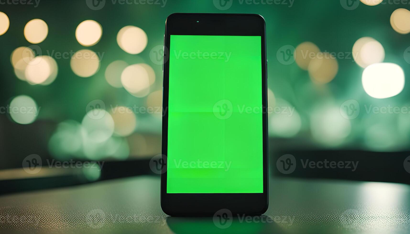 Smartphone with Green Screen on a Table with Blurred Lights in the Background photo