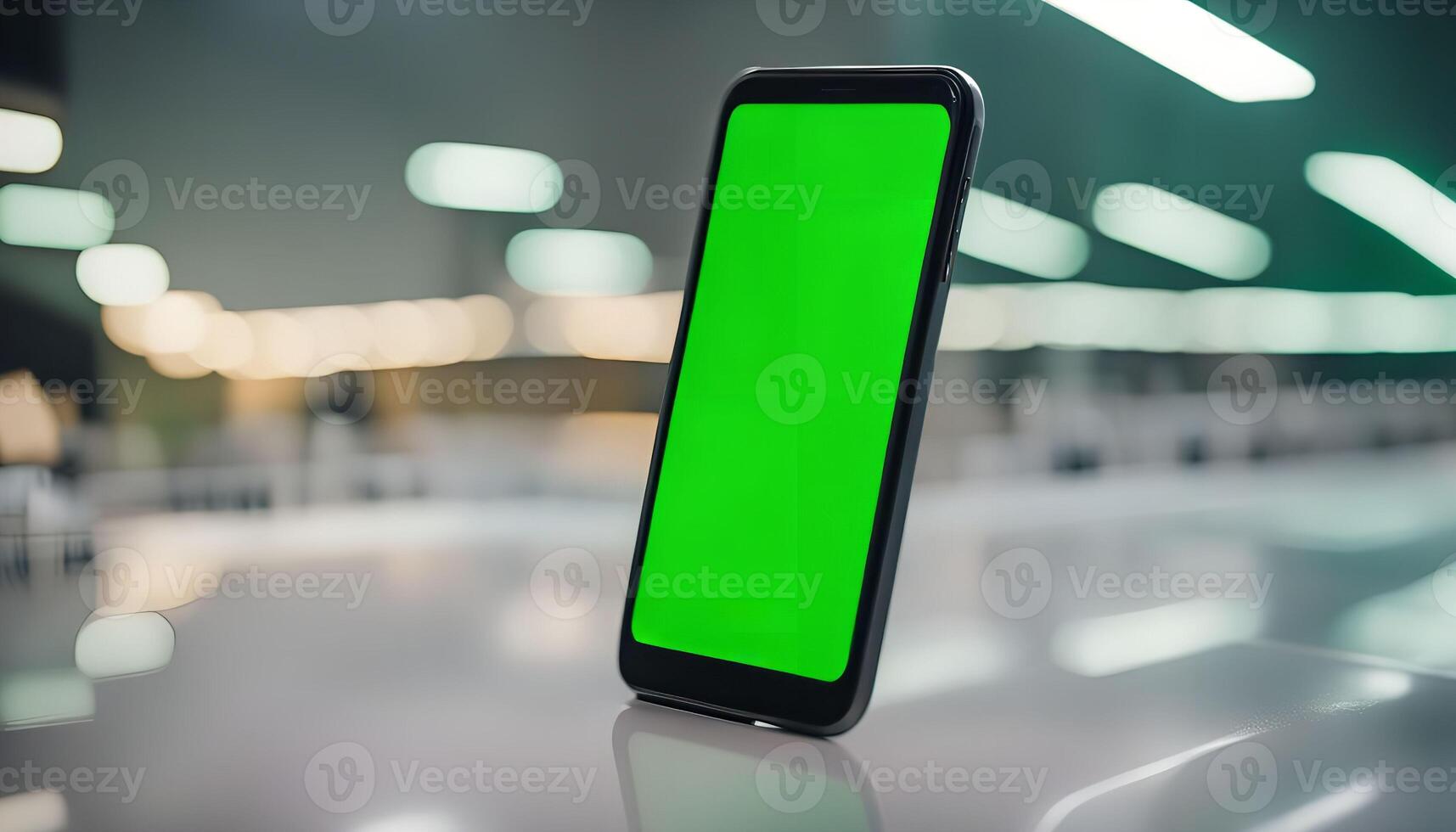 Smartphone with Green Screen on a White Table photo
