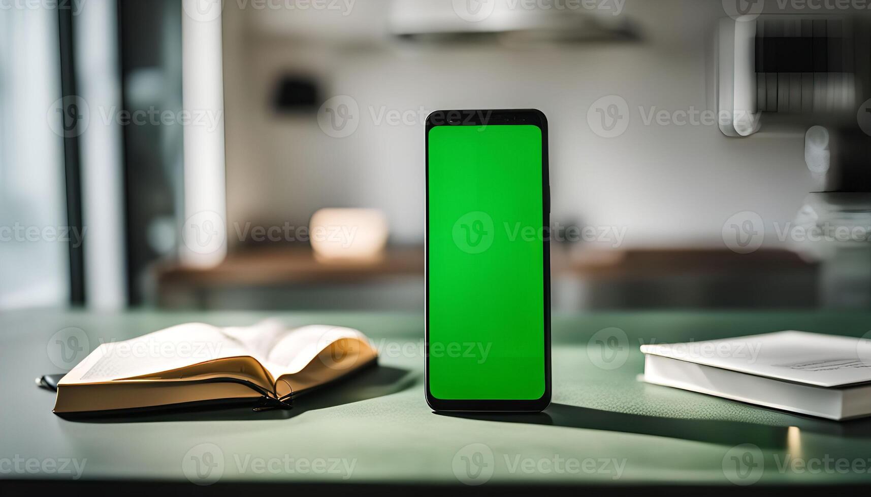 Smartphone with Green Screen on a Table with Books photo