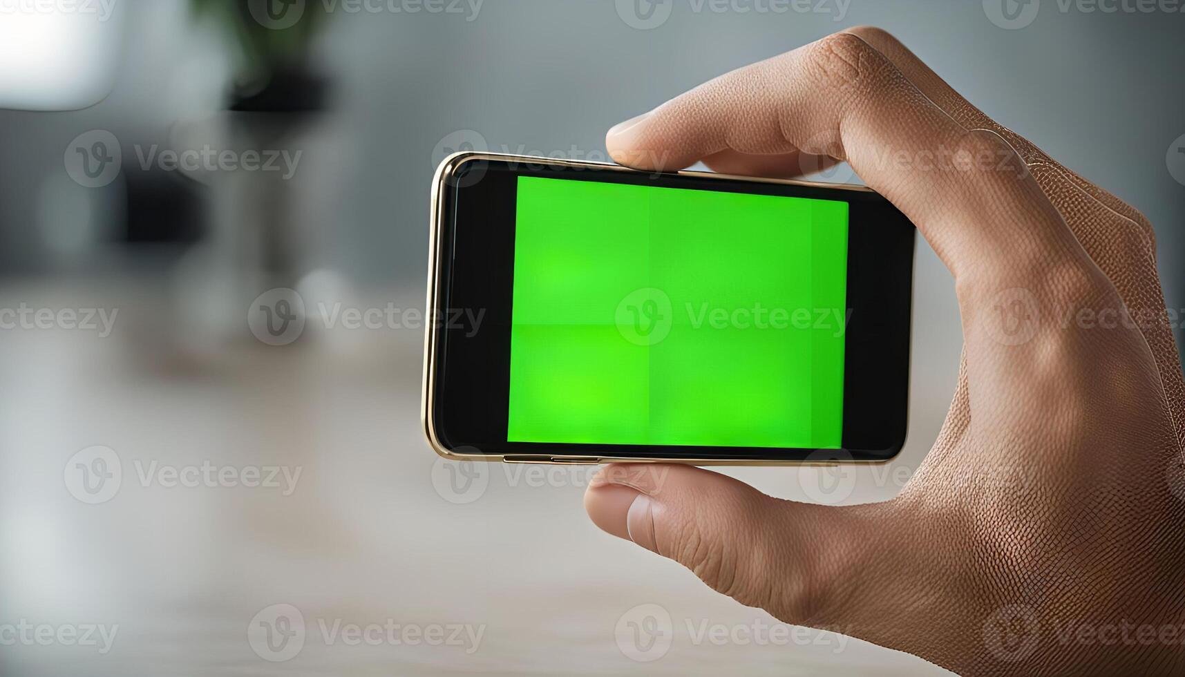 Close-up of a Hand Holding a Smartphone with a Green Screen photo