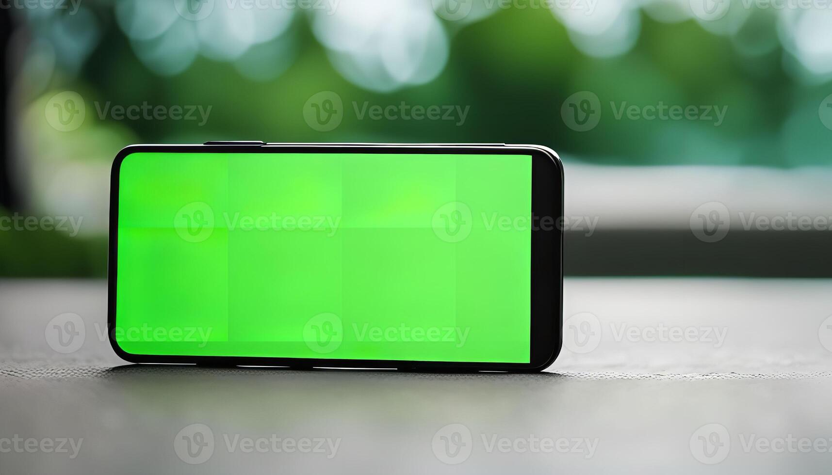 Smartphone on a Table with Green Screen Display photo