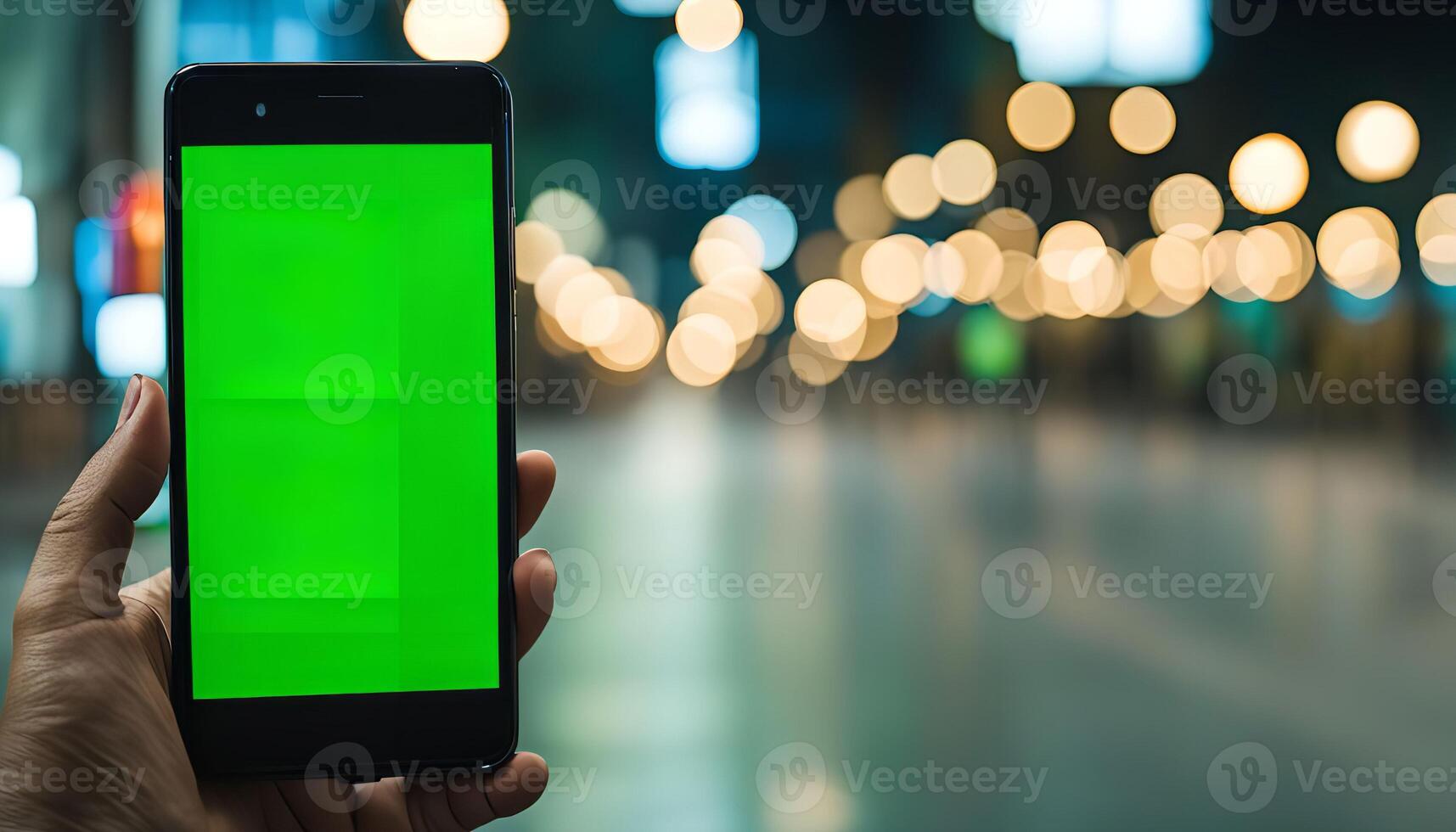 Green Screen Smartphone in Hand with Blurred Bokeh Background photo