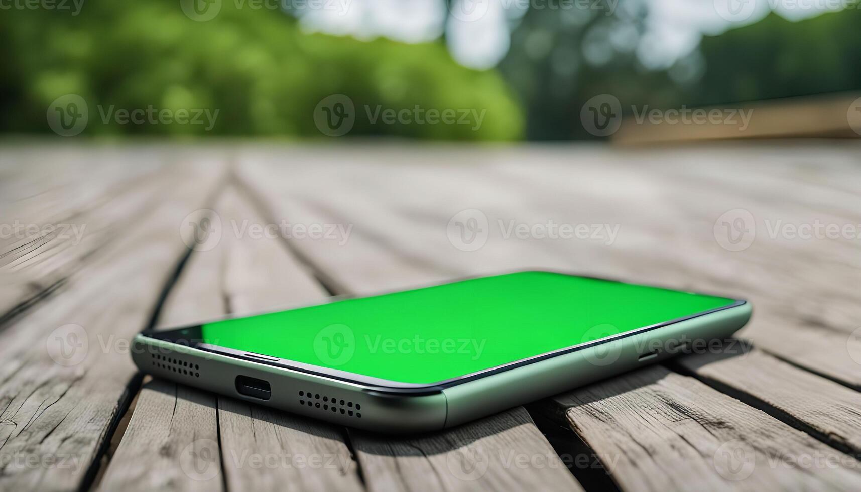 Green Screen Smartphone on Wooden Deck photo