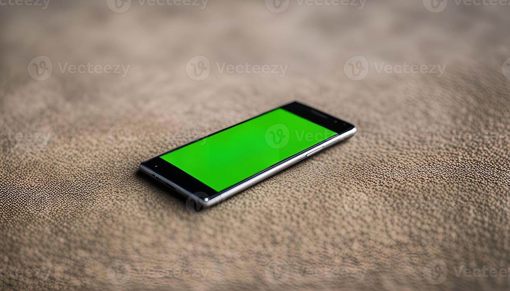 Smartphone with Green Screen on a Brown Surface photo