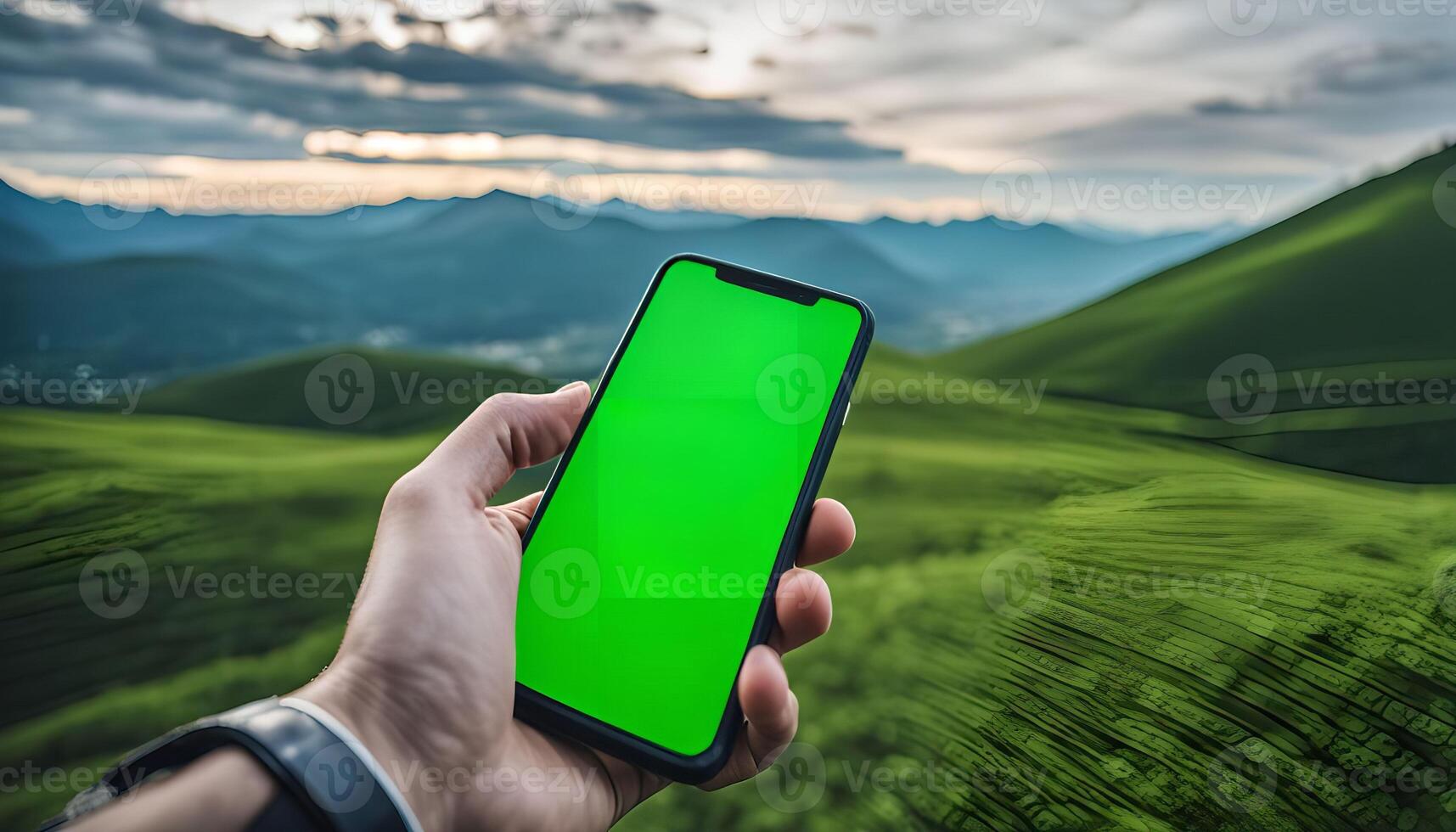 Smartphone with Green Screen in Front of Mountain Landscape photo