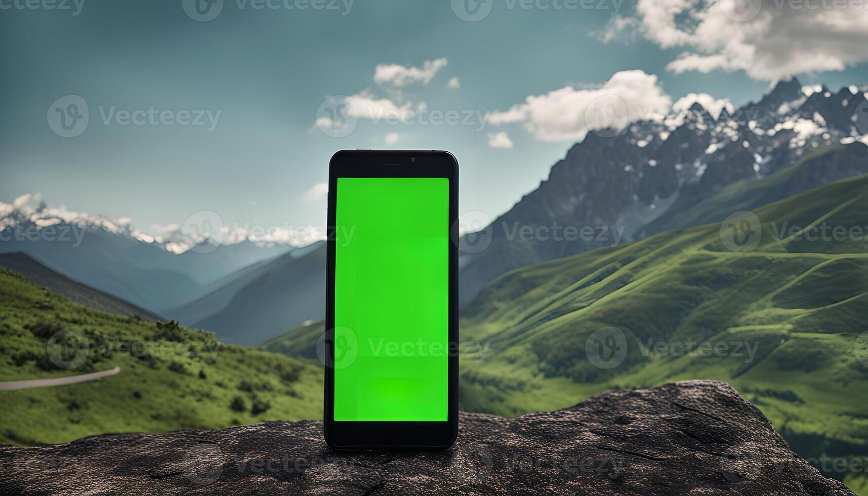 Smartphone with a Green Screen on a Mountain Peak photo