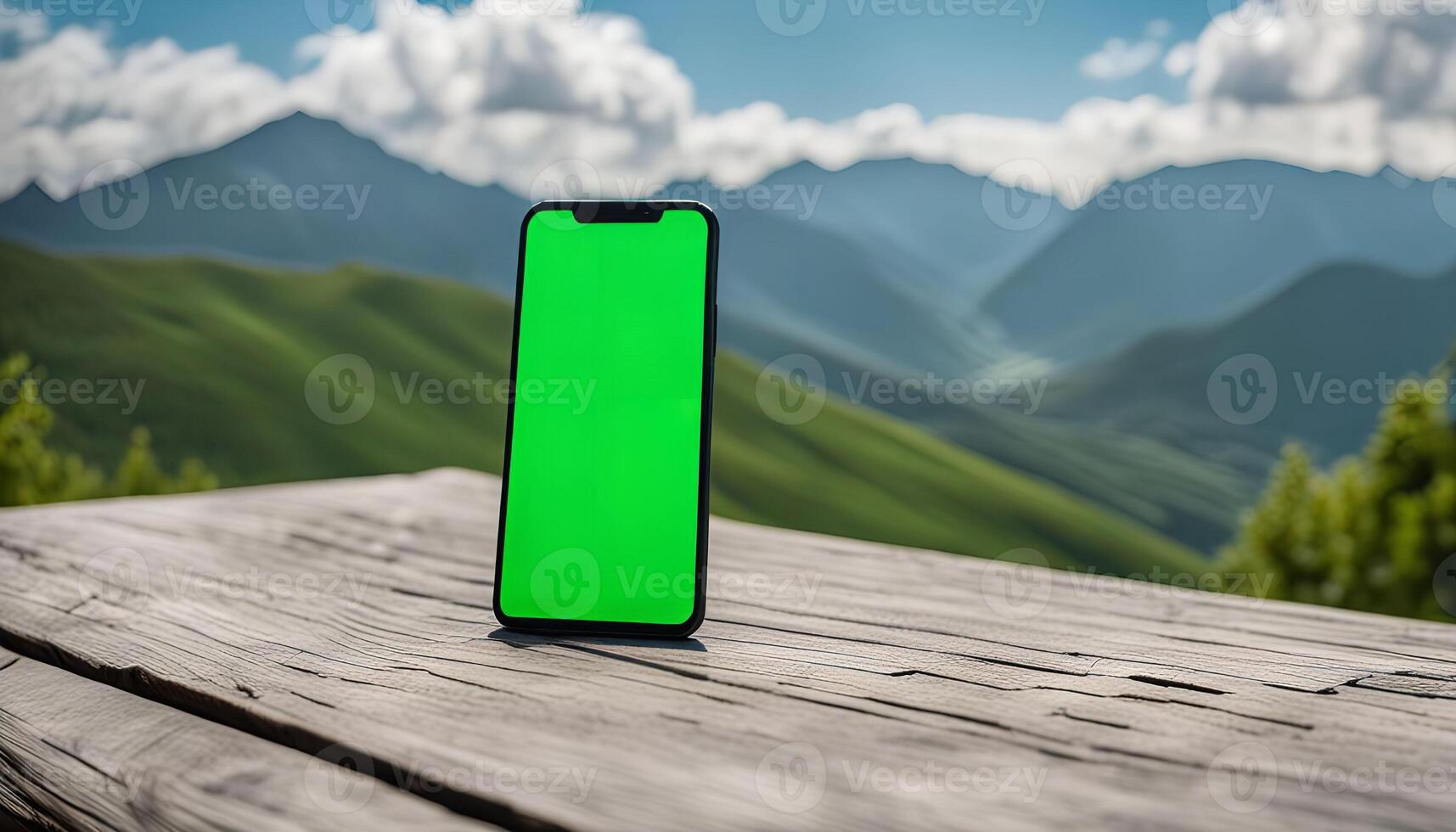 Smartphone on a Wooden Table with Mountain View photo