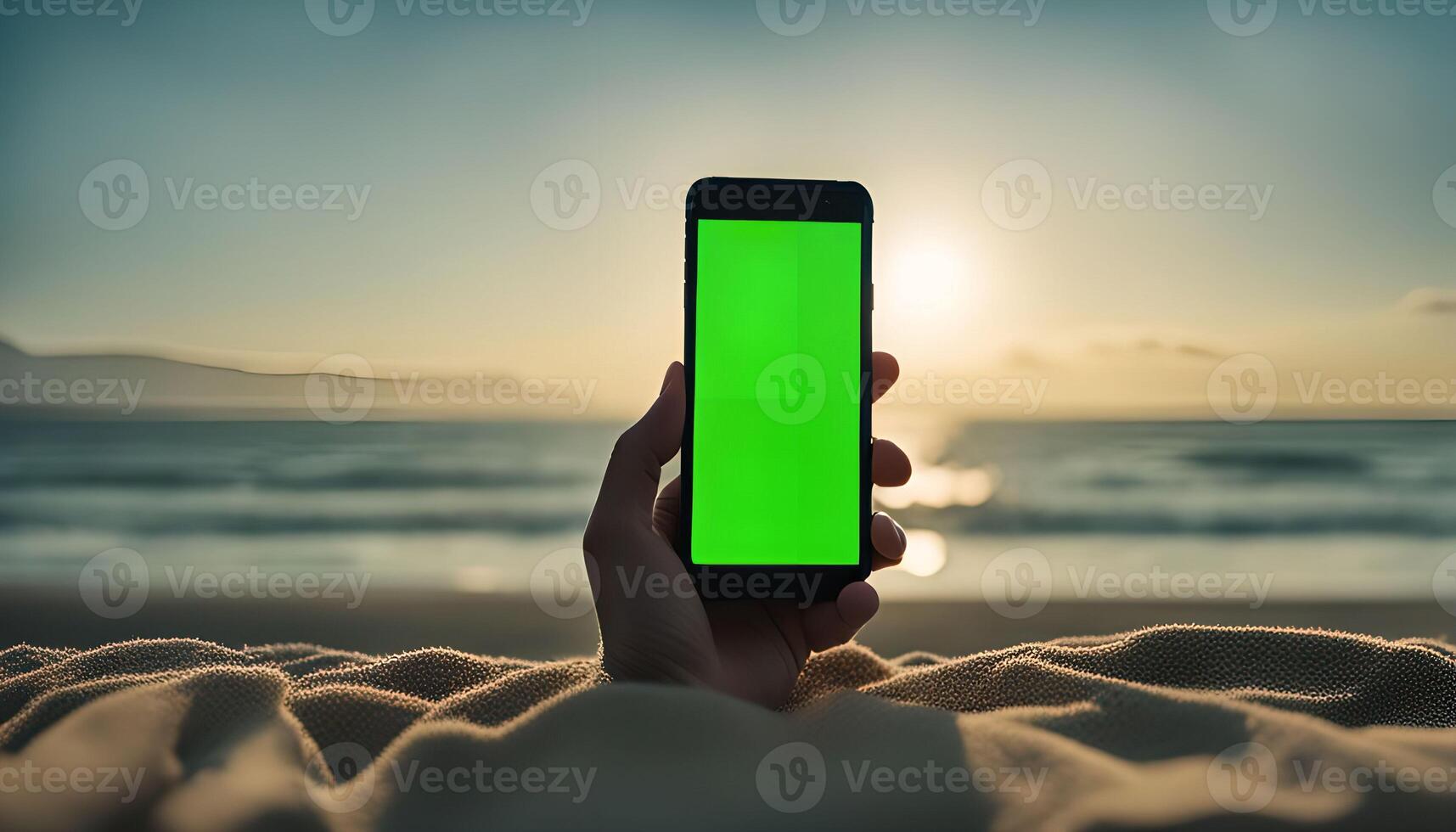 Hand holding a smartphone with green screen at the beach during sunset photo