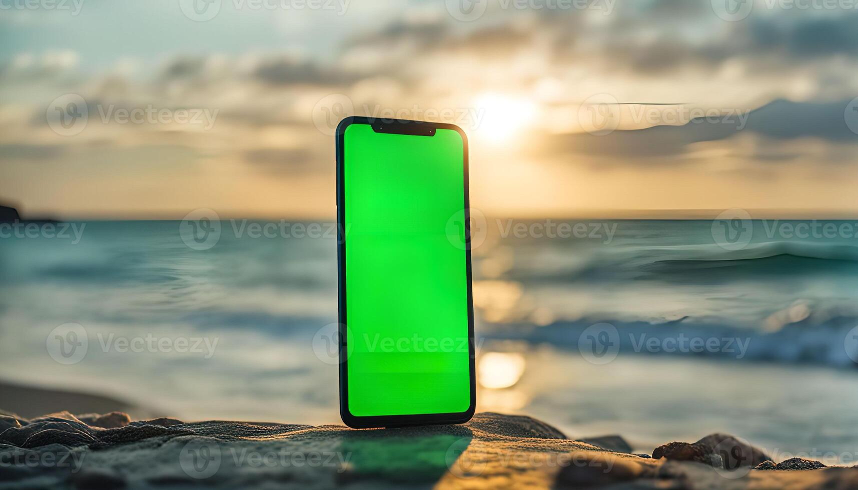 Smartphone with Green Screen at Sunset on a Beach photo