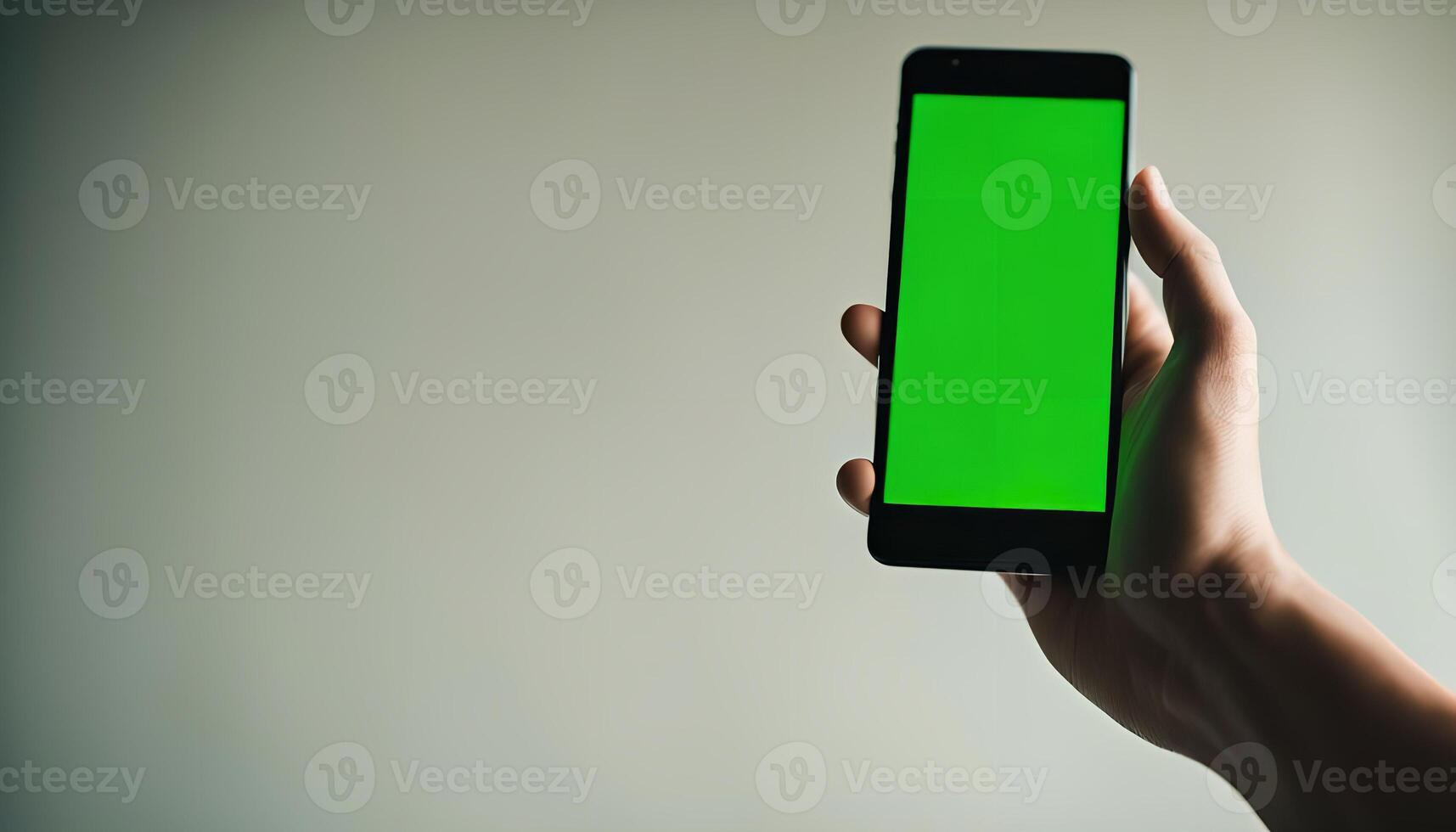 Hand Holding Smartphone with Green Screen photo