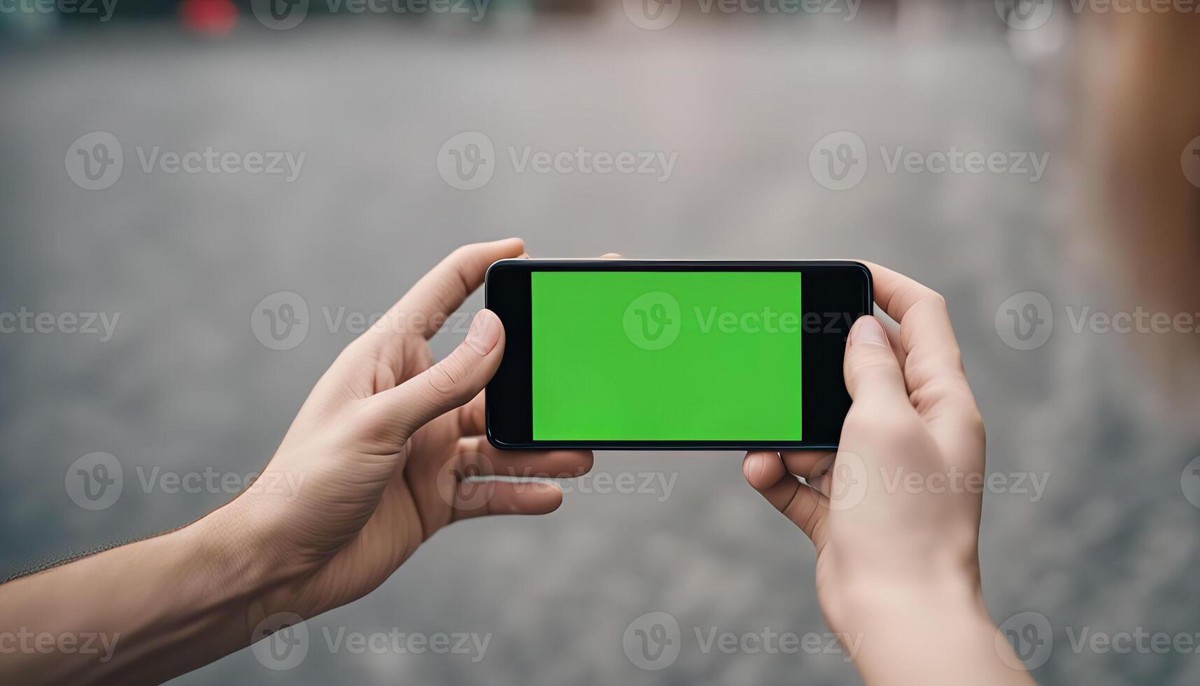 Person holding a smartphone with a green screen, Mockup for a digital application photo