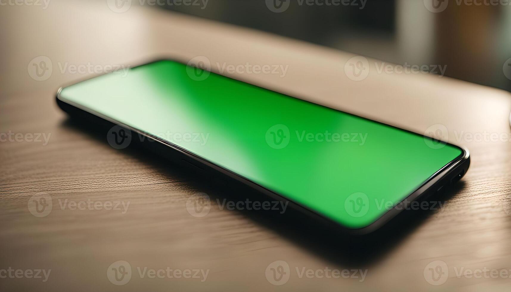 Smartphone on Table with Green Screen photo