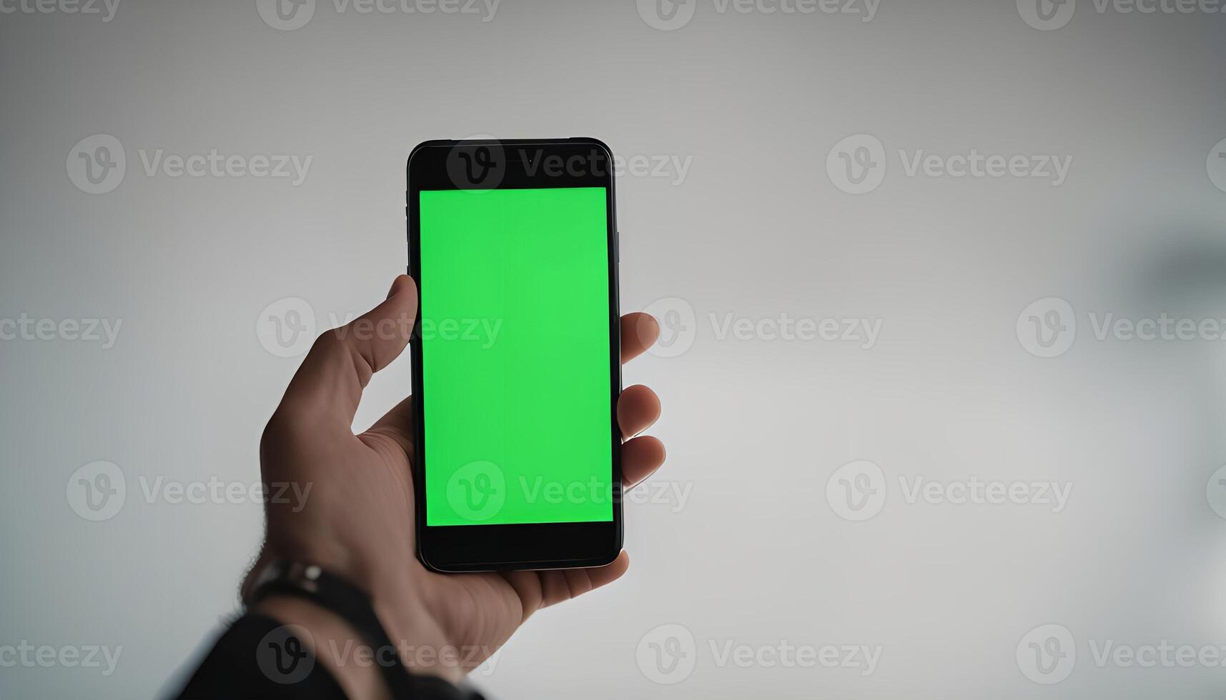 Hand Holding Smartphone with Green Screen photo