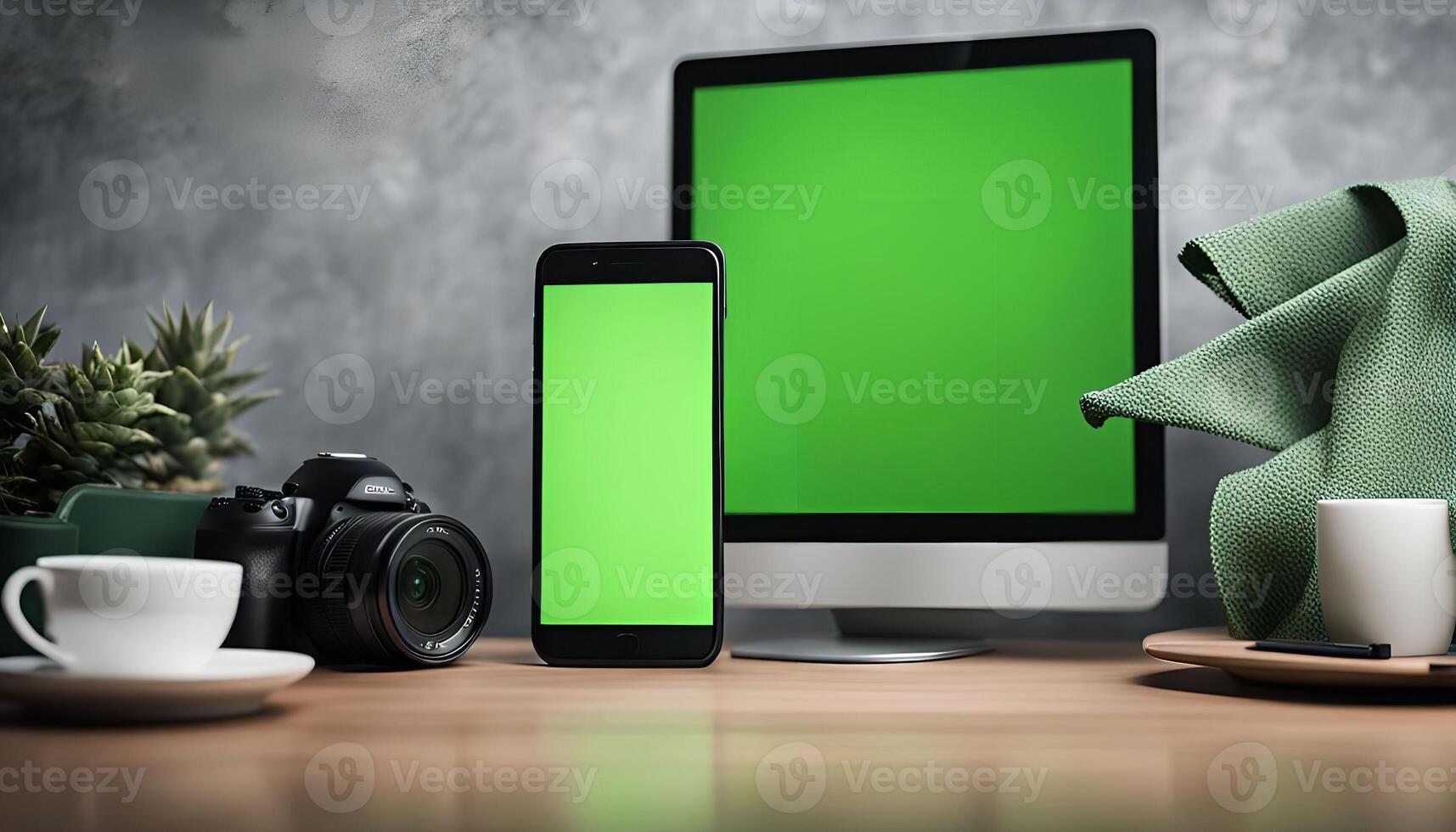 Green Screen Devices on a Wooden Table photo