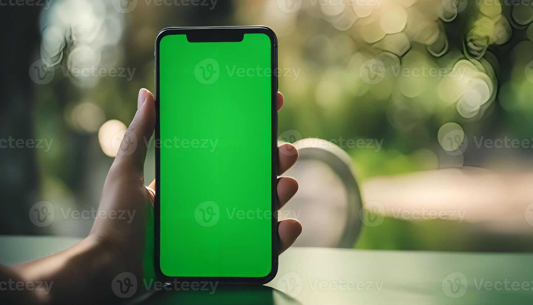 Closeup of Hand Holding a Smartphone with a Green Screen photo