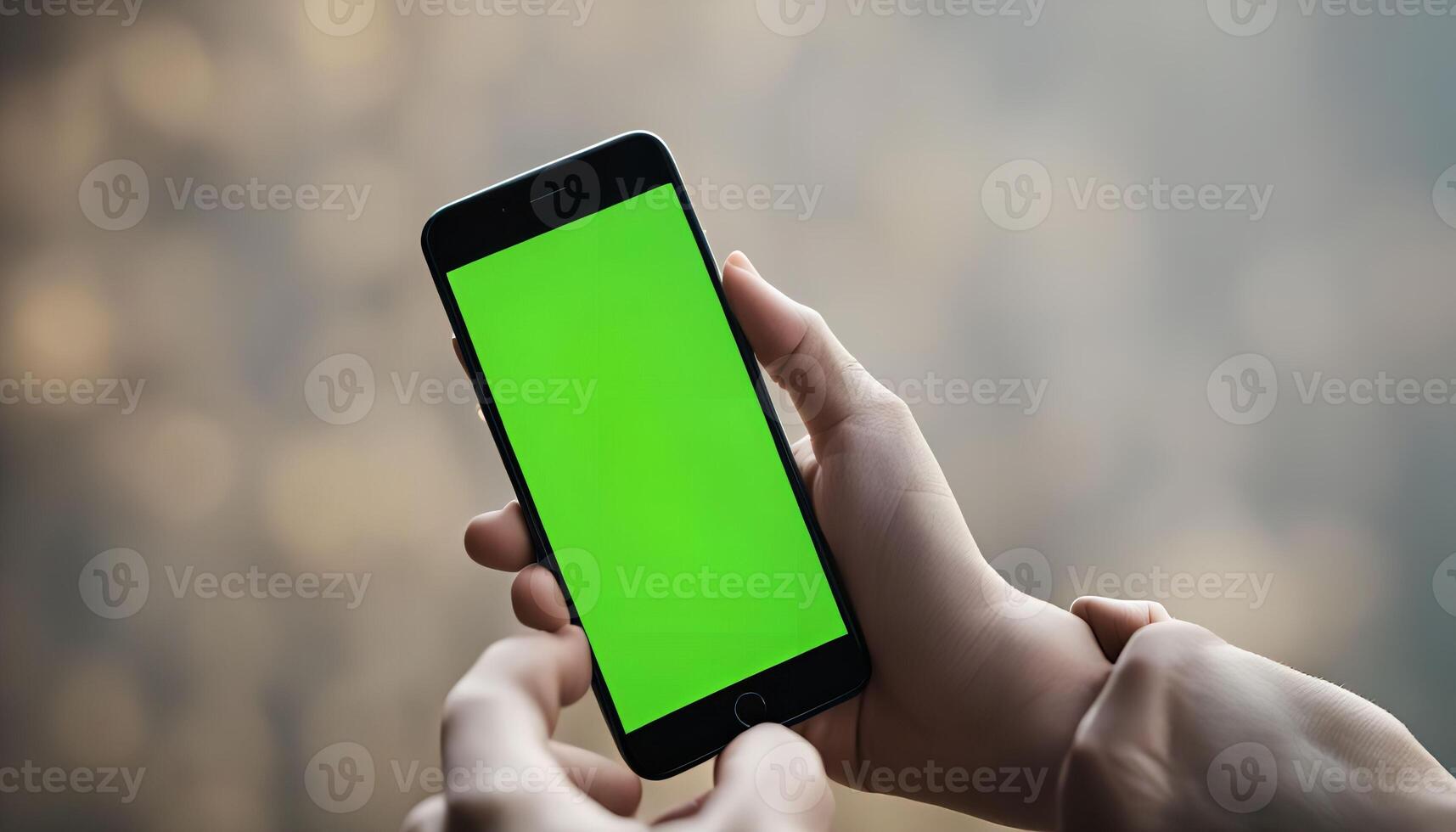 Hands Holding a Smartphone with Green Screen photo