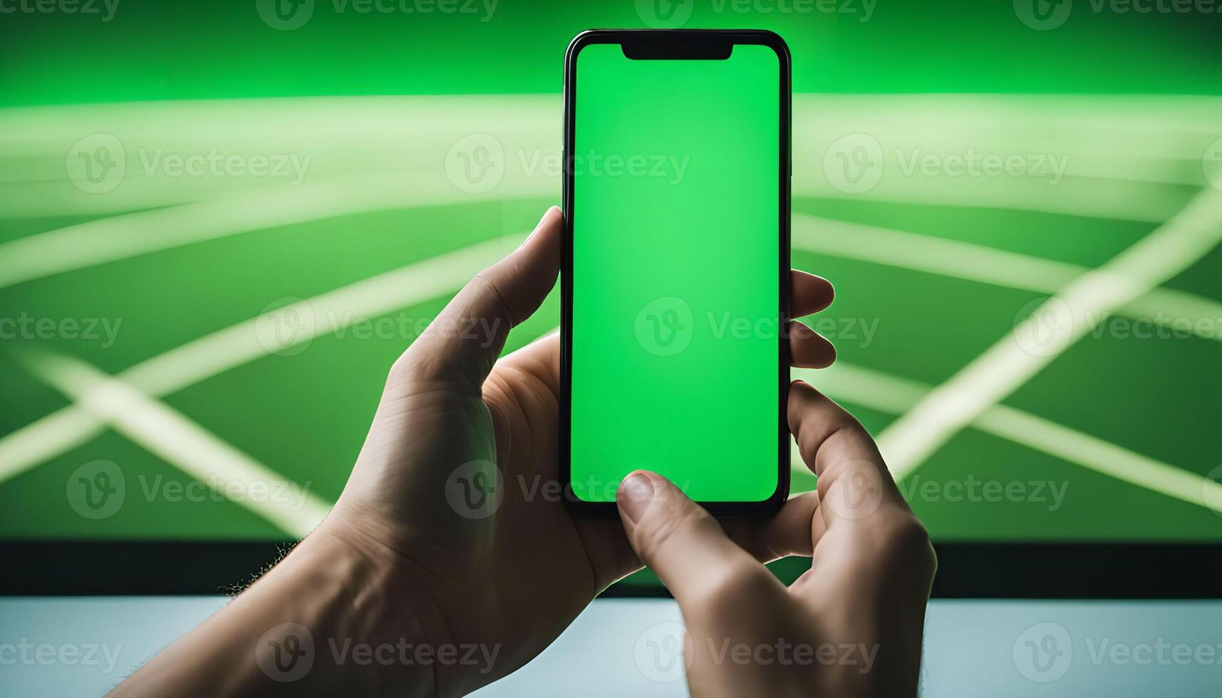 Holding a Smartphone with a Green Screen Against a Blurred Green Background photo