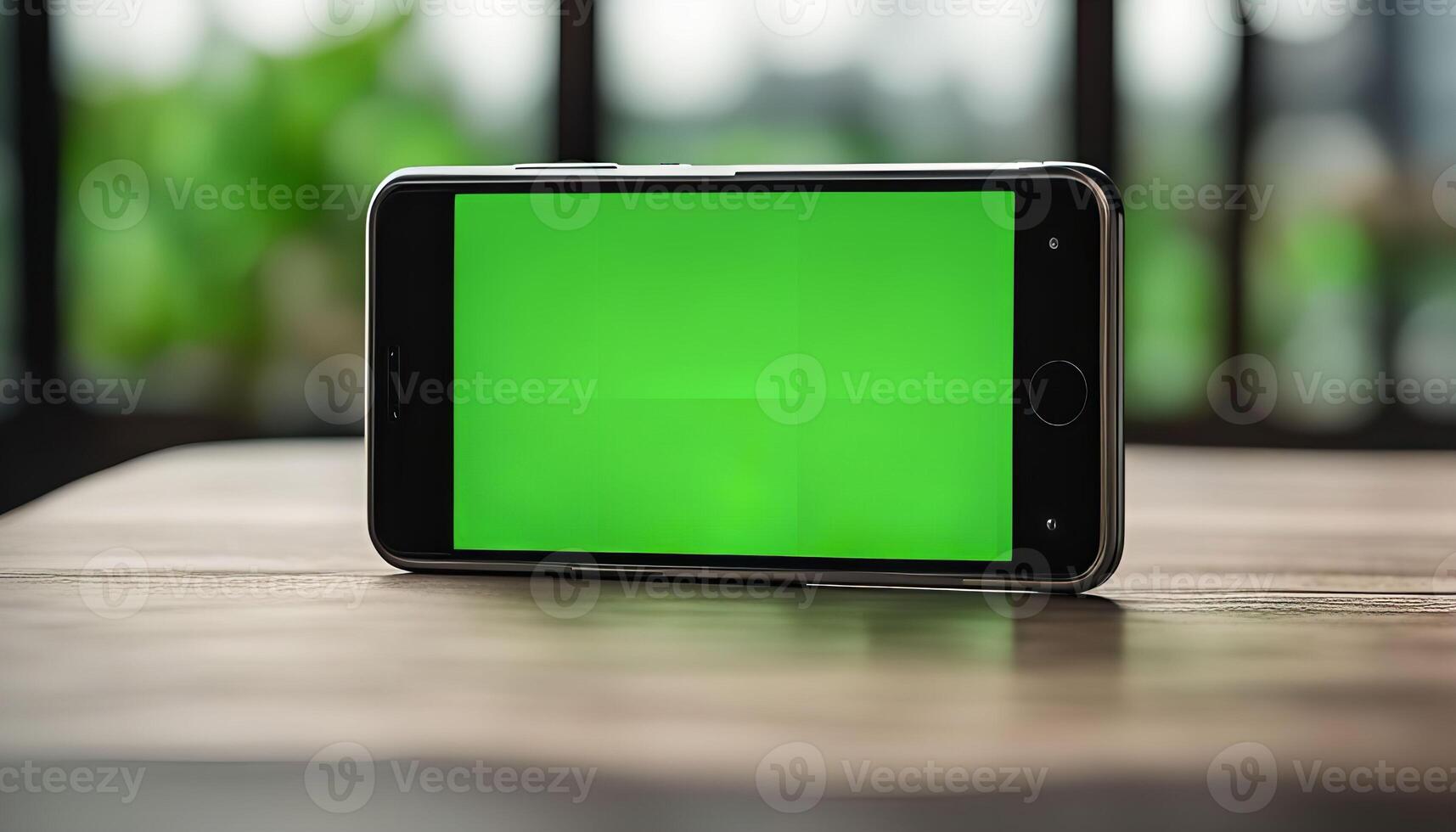 Green Screen Smartphone Mockup on Wooden Table photo