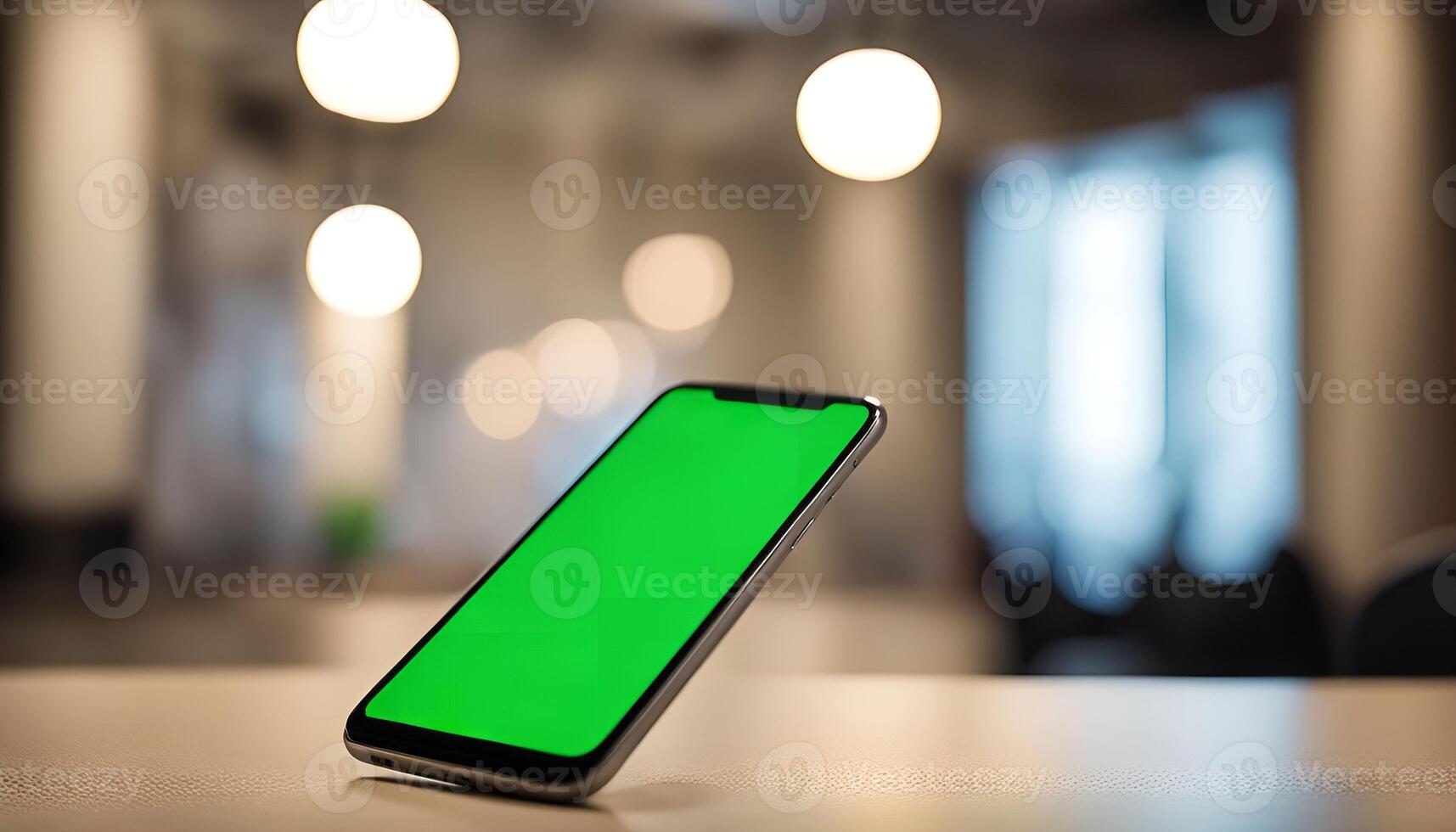 Smartphone with a Green Screen in a Modern Office Setting photo