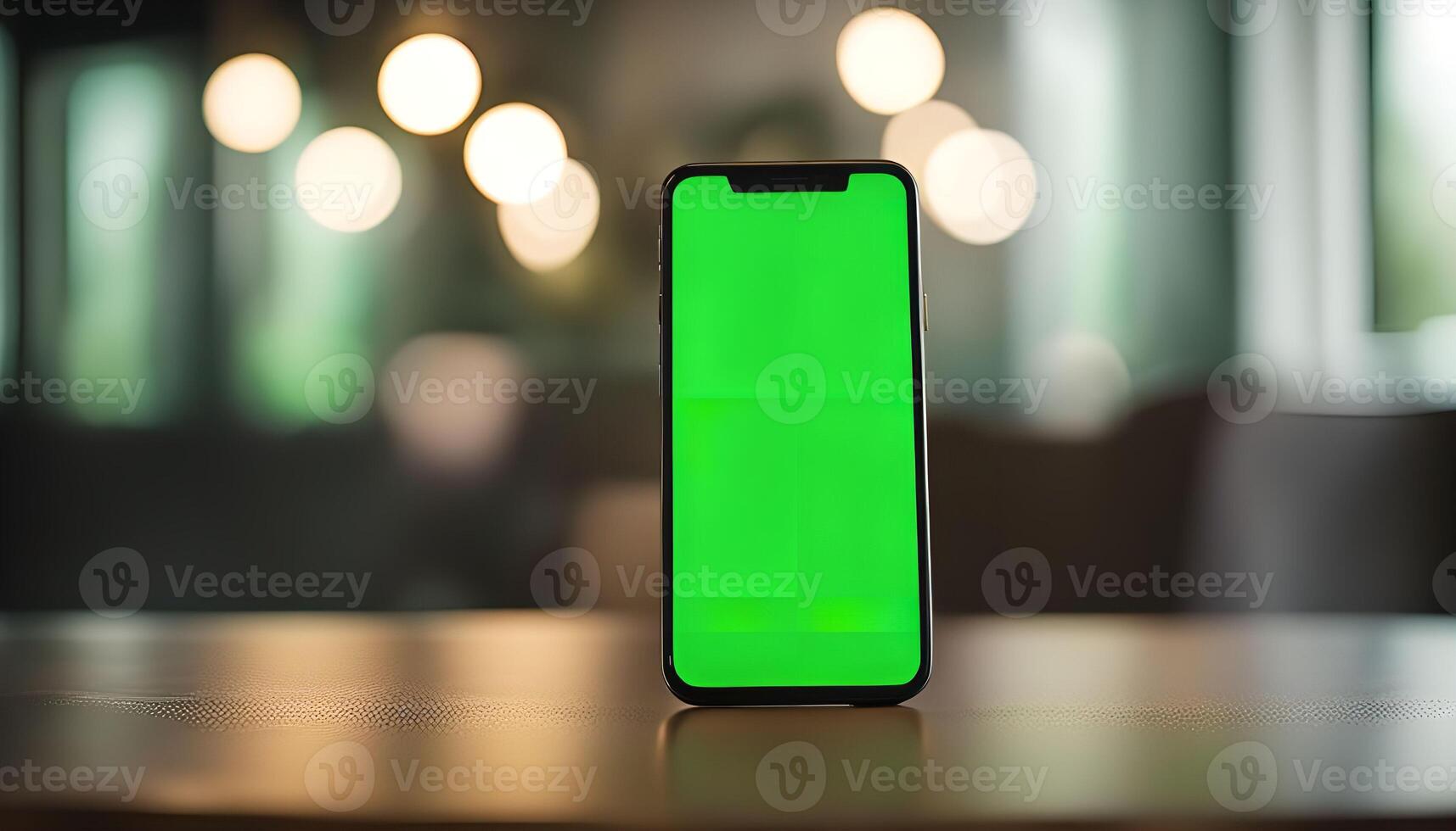 Smartphone with Green Screen on Table photo