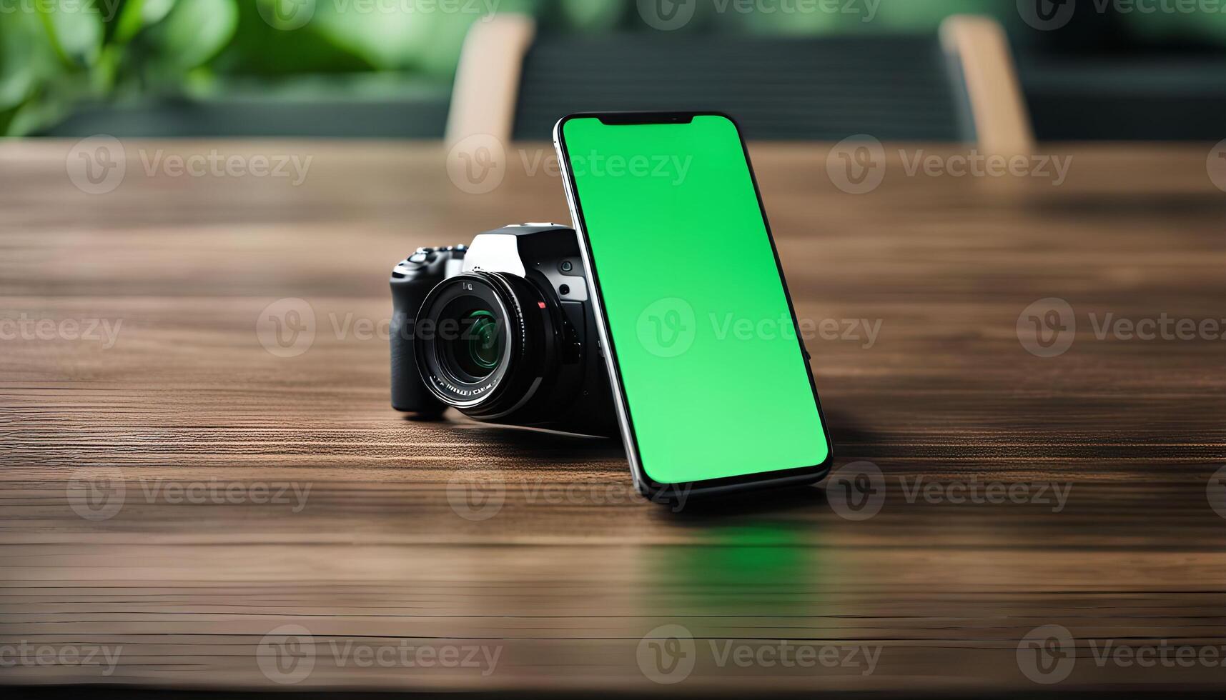 Camera and Smartphone on a Wooden Table photo