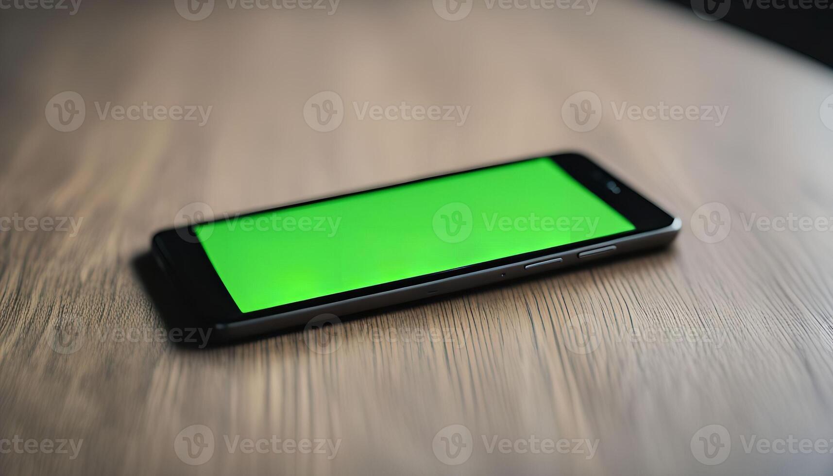 Smartphone on a wooden table with a green screen photo
