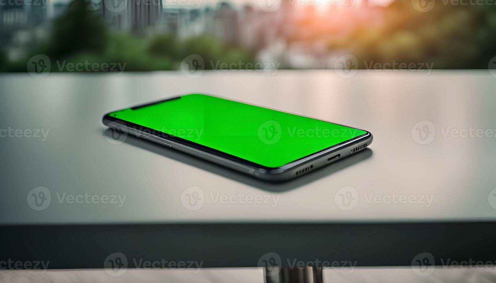 Smartphone with Green Screen on Table photo