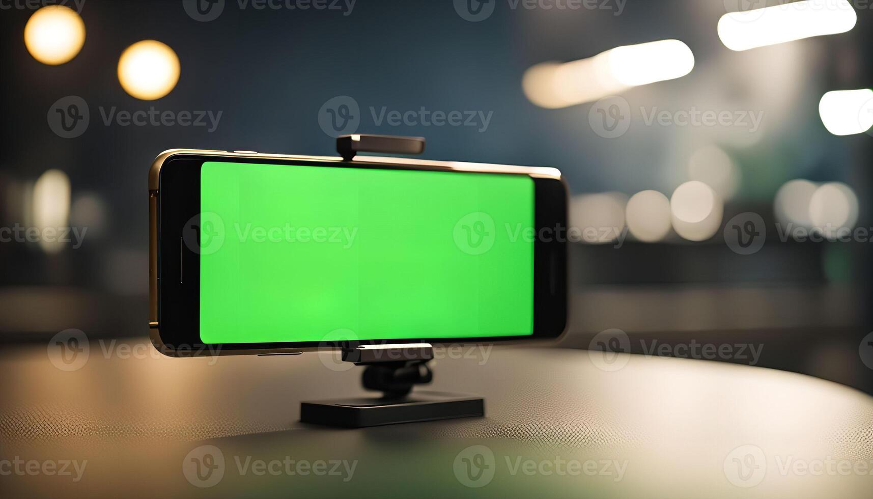 Smartphone with Green Screen on Table photo
