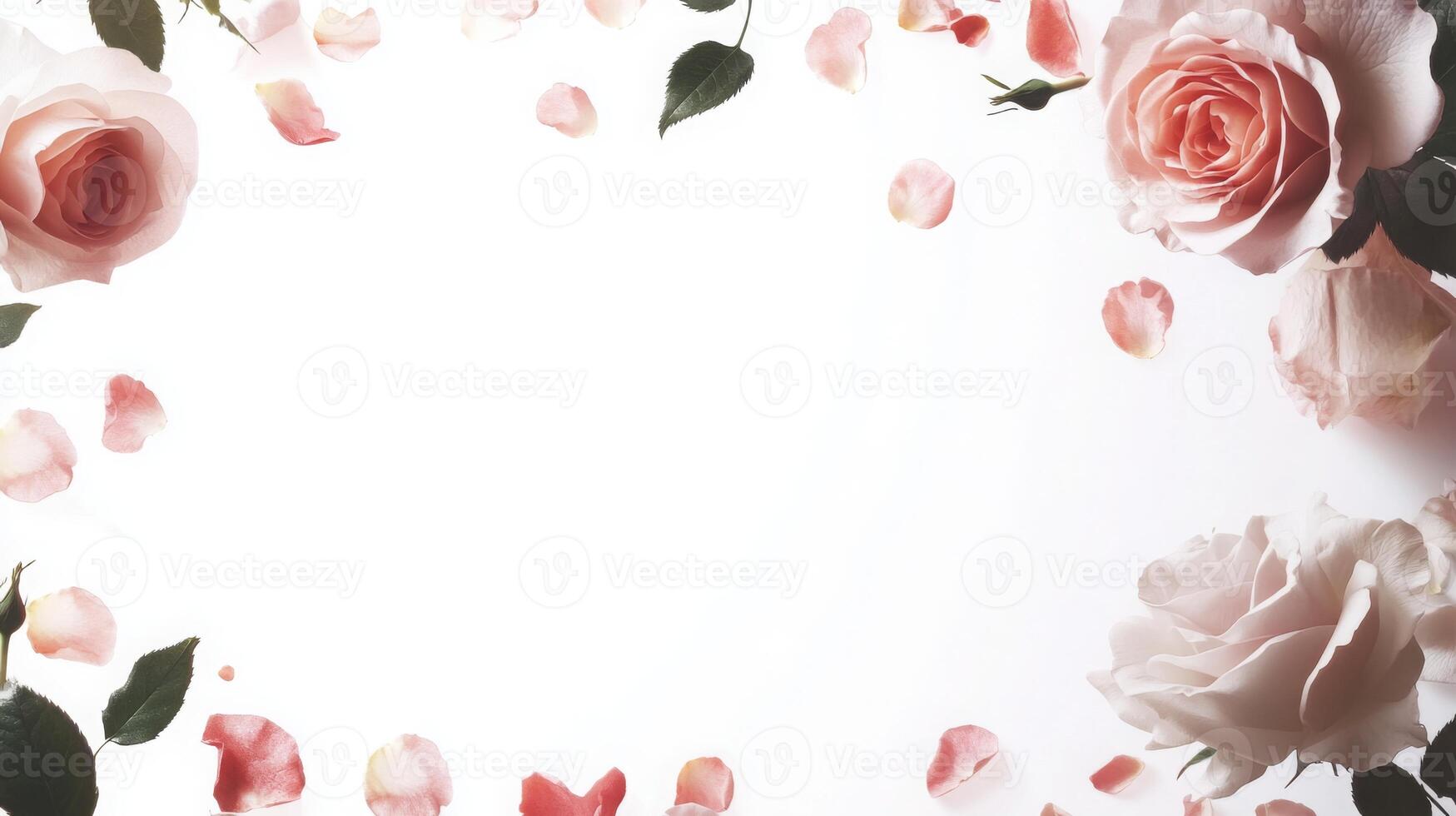 Soft pink rose petals frame a blank space, creating an elegant backdrop perfect for romantic events or floral designs. The delicate flowers add a touch of beauty and charm to any setting. photo