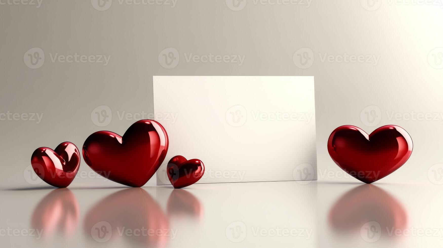 Four red heart shapes of varying sizes surround a blank card on a smooth reflective surface. This setup creates a warm and inviting atmosphere suitable for celebrations or heartfelt messages. photo