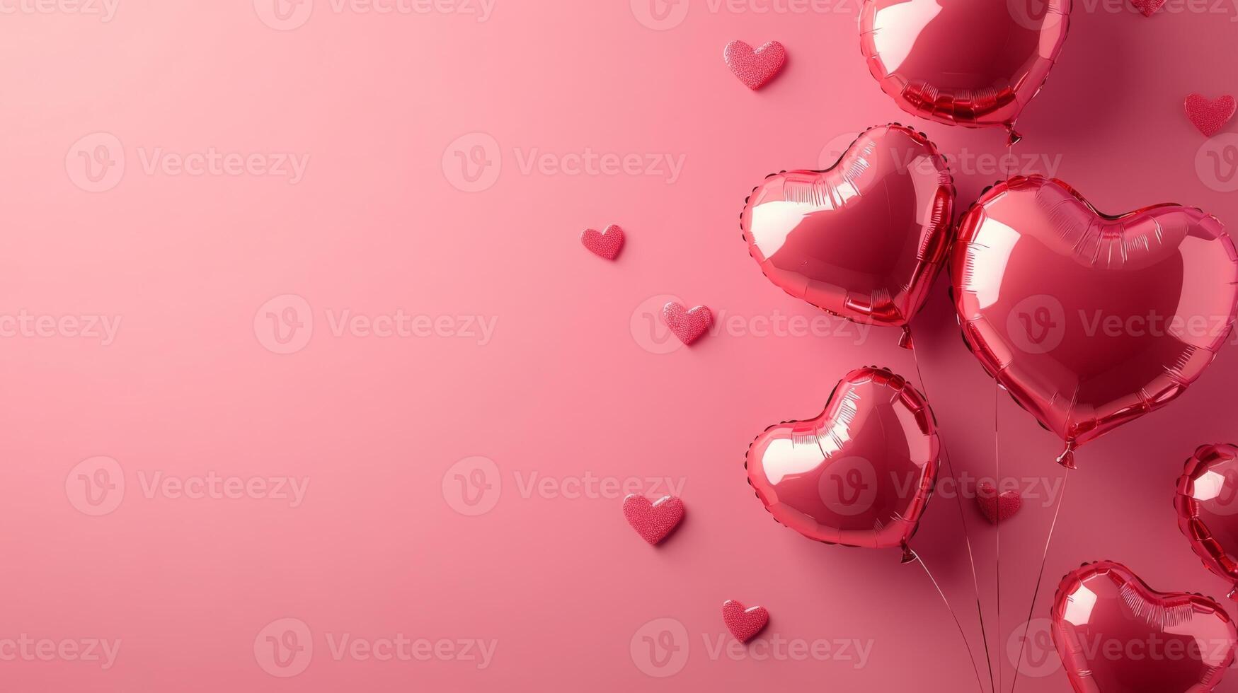 Red heart-shaped balloons cluster together against a soft pink backdrop, creating a joyful and festive atmosphere perfect for romantic occasions and celebrations of love. photo