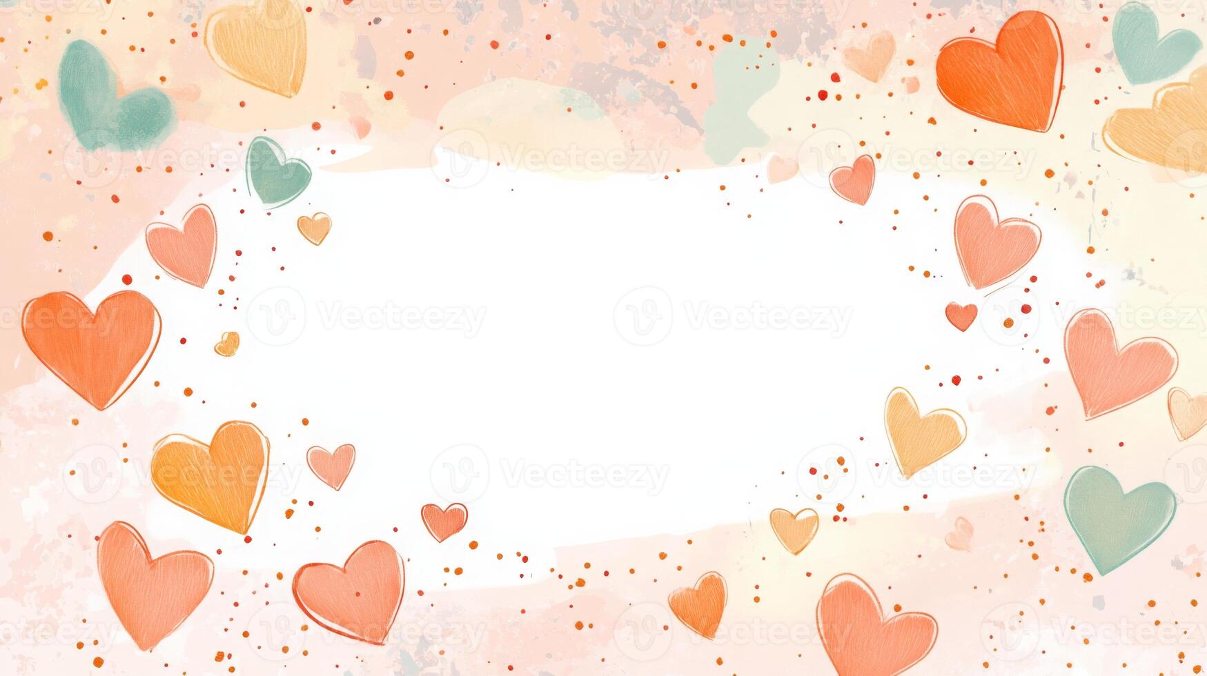 A collection of colorful hearts in shades of orange and green is arranged on a soft pastel background. This design evokes feelings of love and warmth, perfect for festive occasions. photo