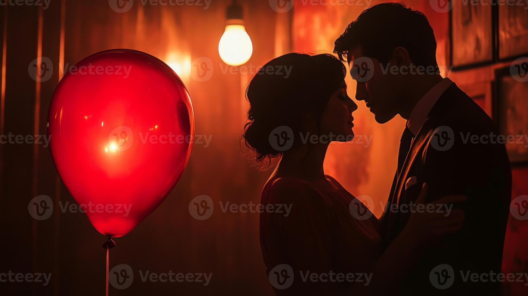 A couple embraces in a dimly lit space, captured in a tender moment. The atmosphere is enhanced by warm lighting and a vibrant red balloon, creating a dreamy ambiance. photo