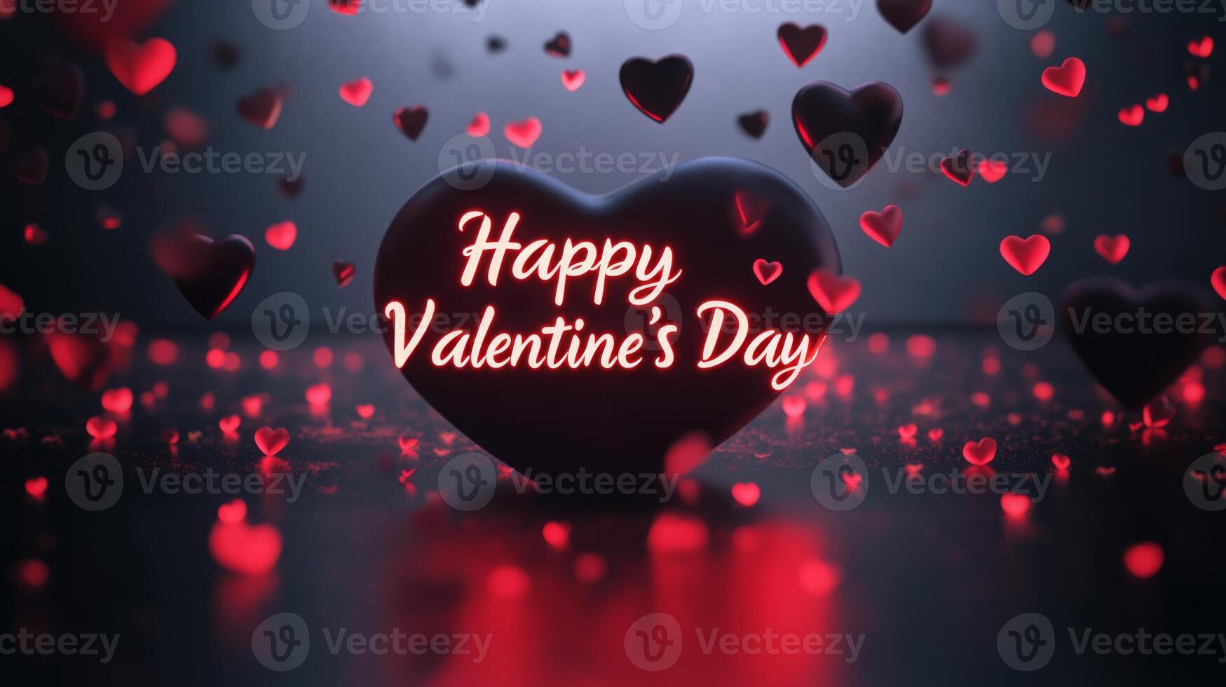 A vibrant display of hearts floats around a central heart, glowing with the message of love for Valentine's Day. The dark background enhances the festive atmosphere, inviting celebration. photo