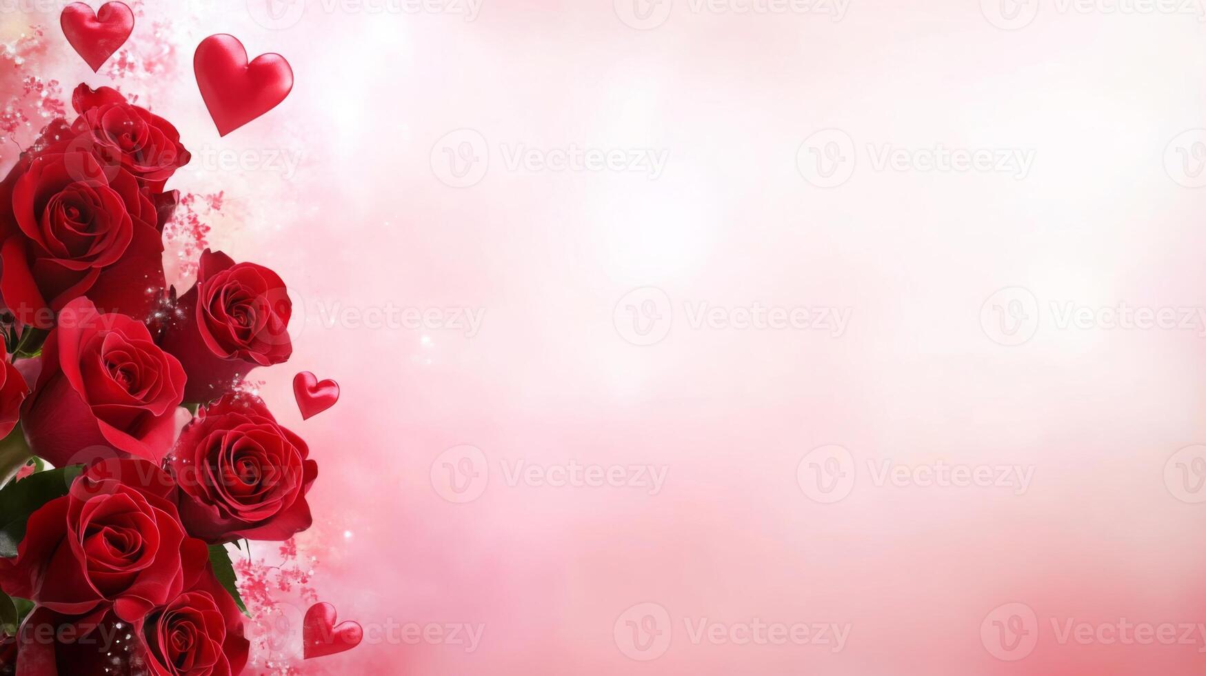 A vibrant display of red roses adorned with heart-shaped decorations creates a romantic atmosphere. The soft pastel background enhances the beauty of the flowers, perfect for celebrations. photo