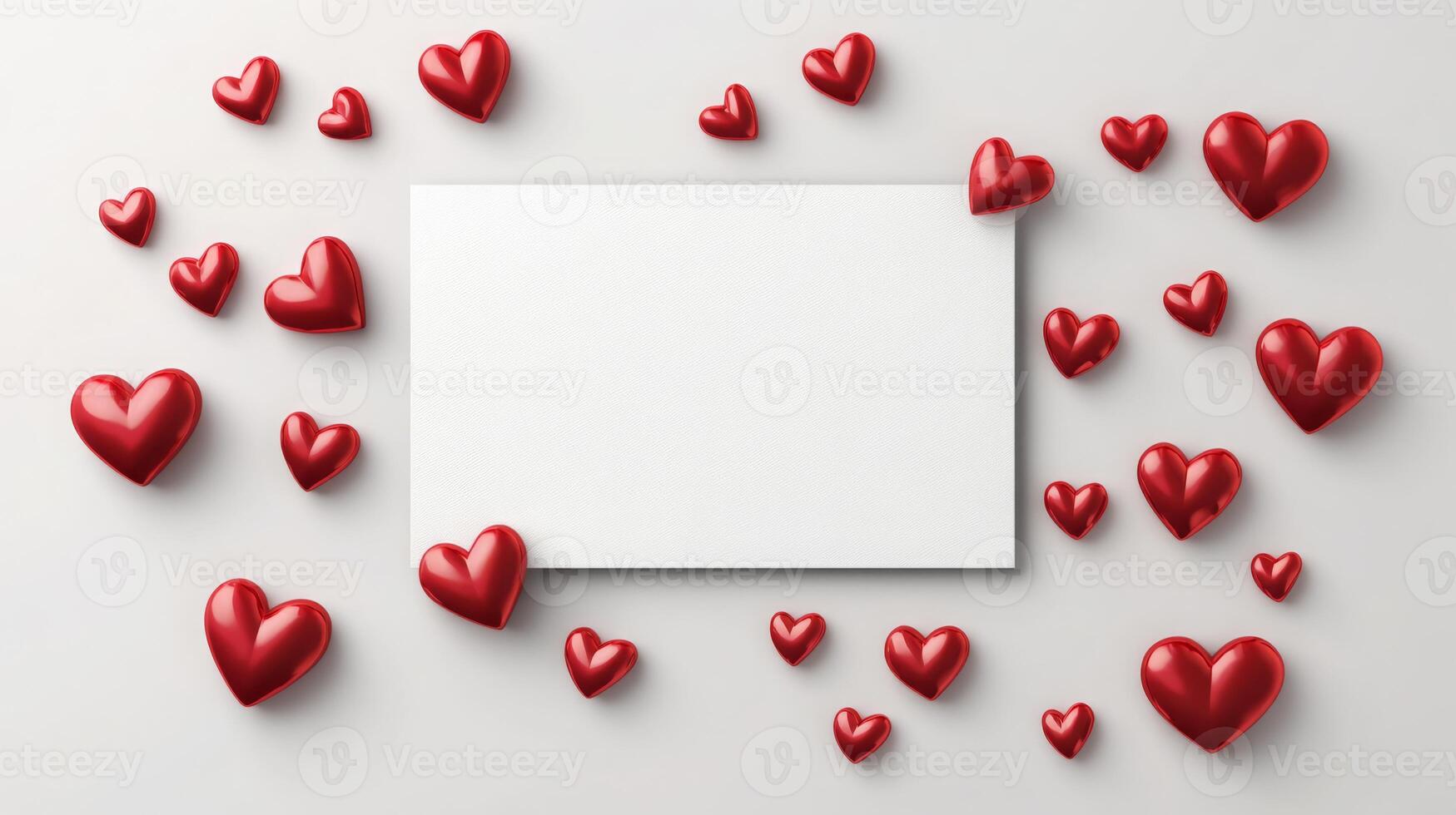 Numerous glossy red hearts are scattered around a blank card on a light surface. This arrangement offers a perfect setup for expressing love or appreciation for special occasions. photo