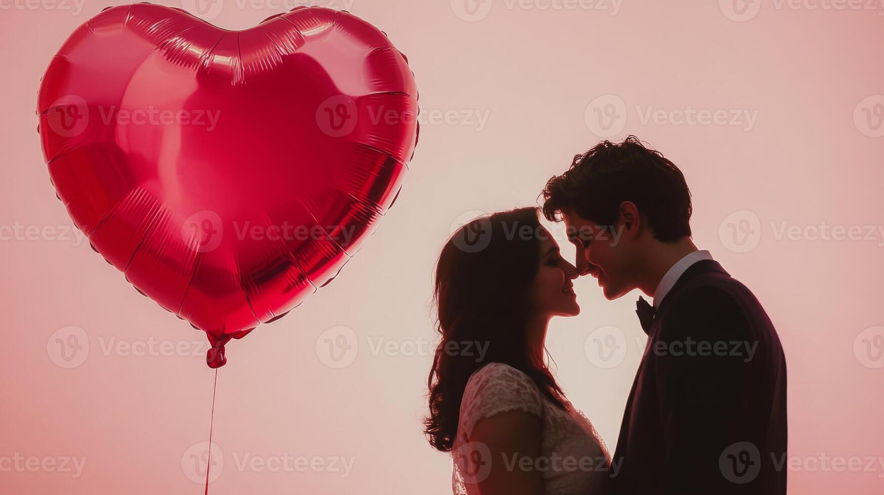 A couple stands close together, their silhouettes highlighted against a soft pink sunset. They share an intimate moment while holding a large heart-shaped balloon, symbolizing love and affection. photo