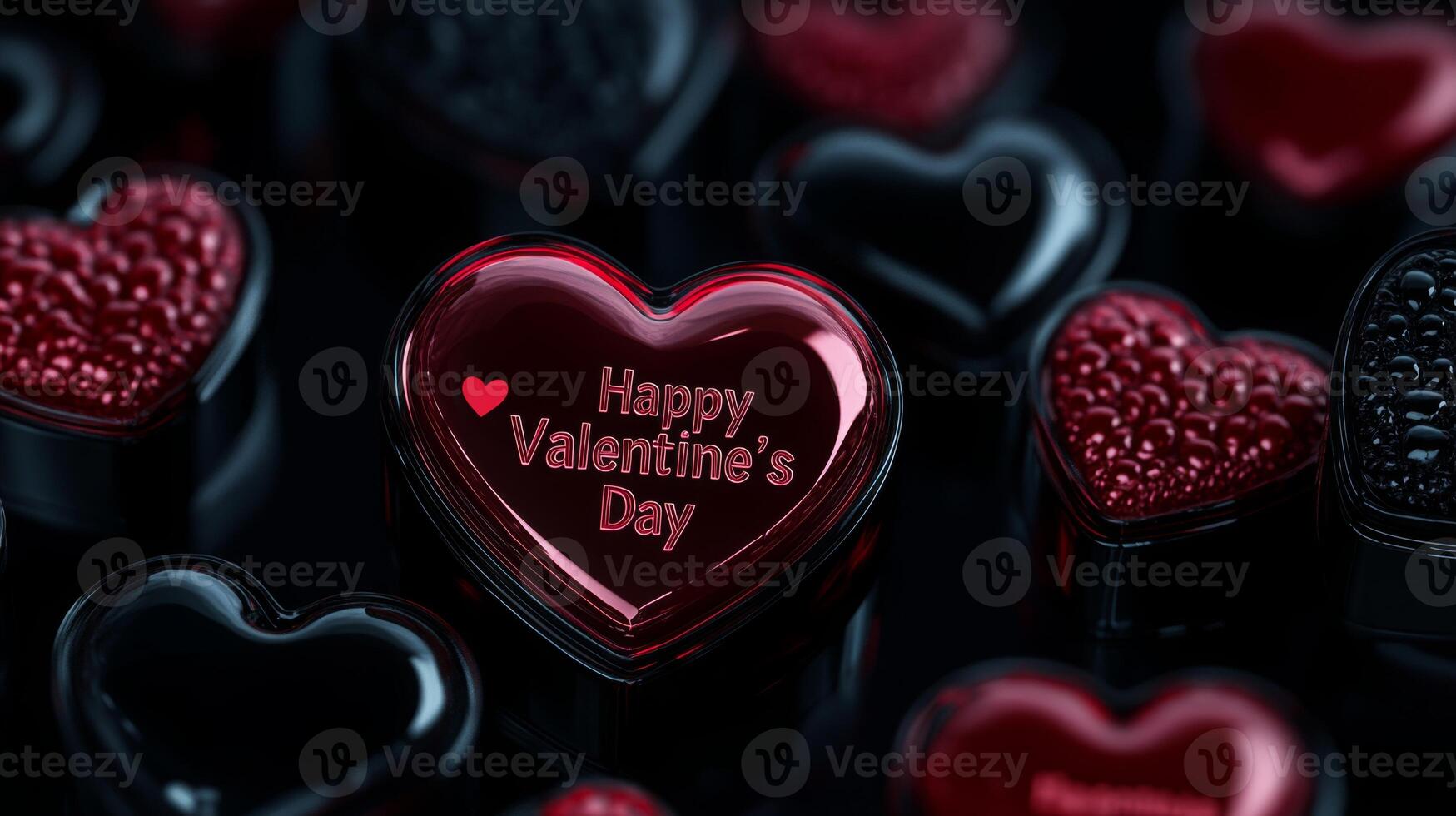 A collection of heart-shaped chocolates in various textures and shades of red. One prominently features the message Happy Valentine's Day, perfect for expressing love on this special occasion. photo